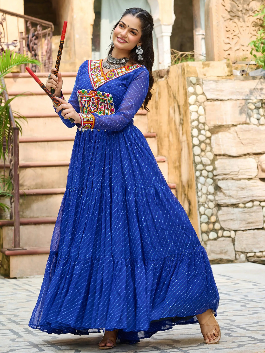 Great Royal Blue Laheriya Printed Georgette Festive Wear Gown - Zeel Clothing