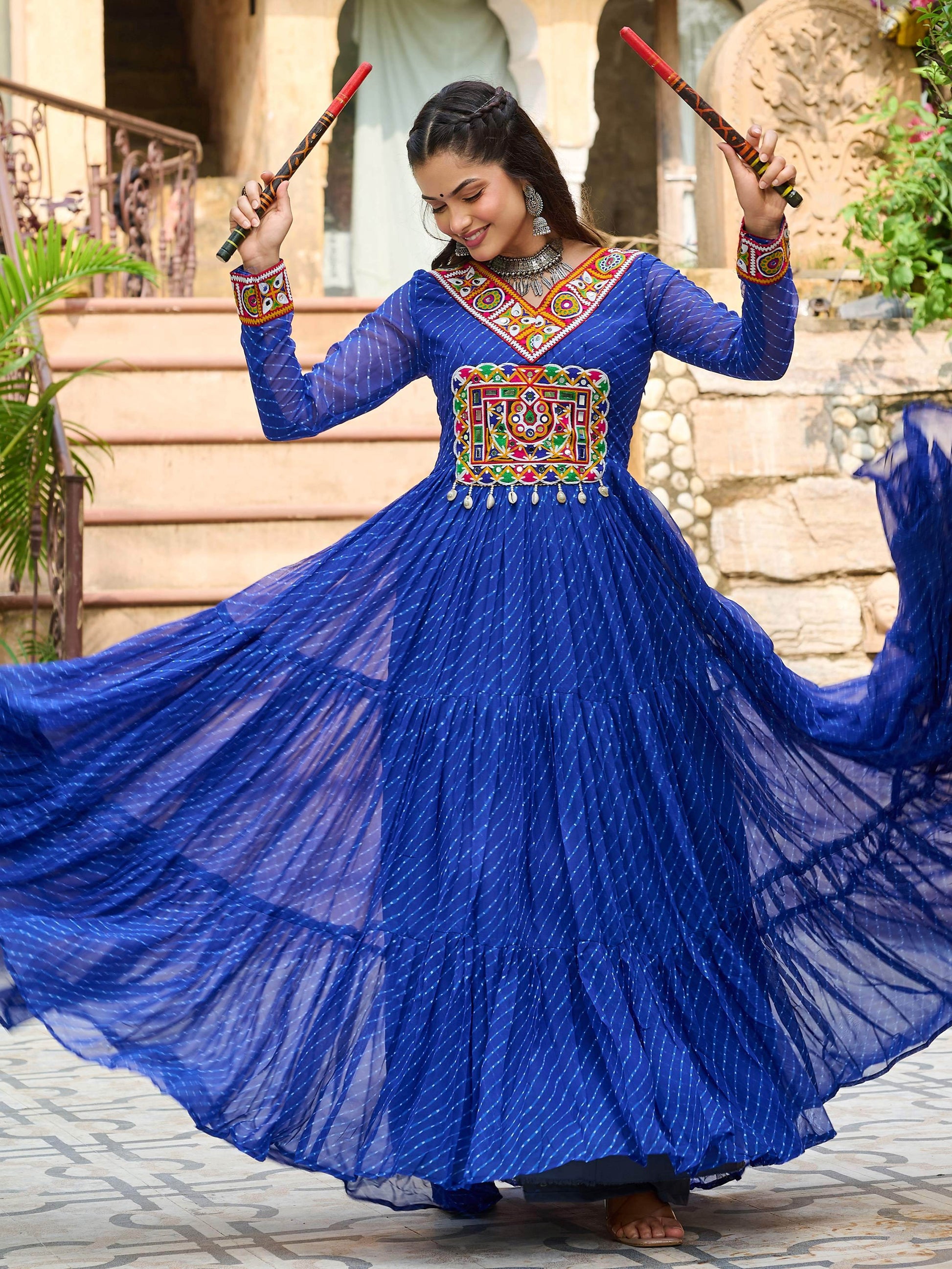 Great Royal Blue Laheriya Printed Georgette Festive Wear Gown - Zeel Clothing