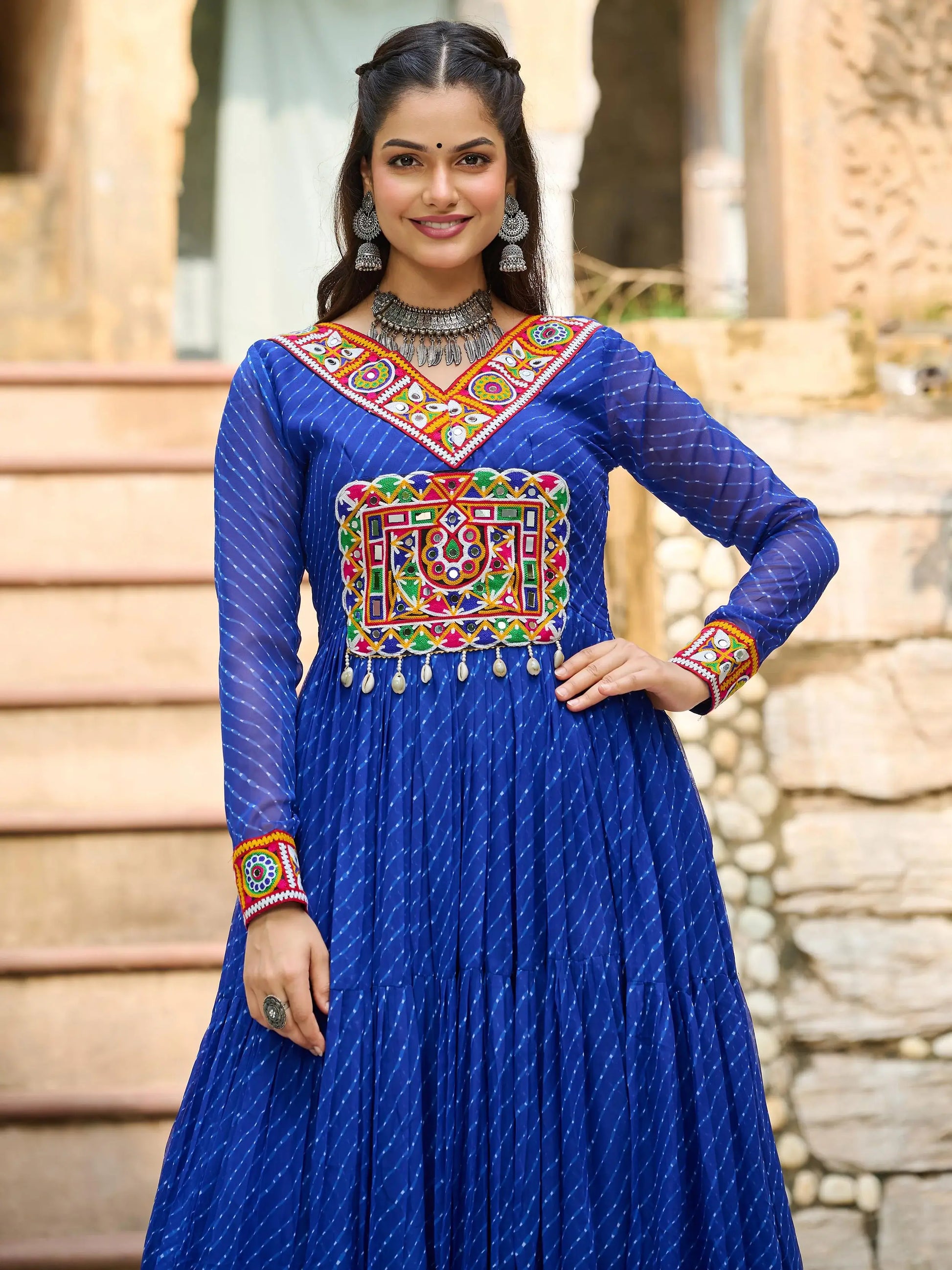 Great Royal Blue Laheriya Printed Georgette Festive Wear Gown - Zeel Clothing