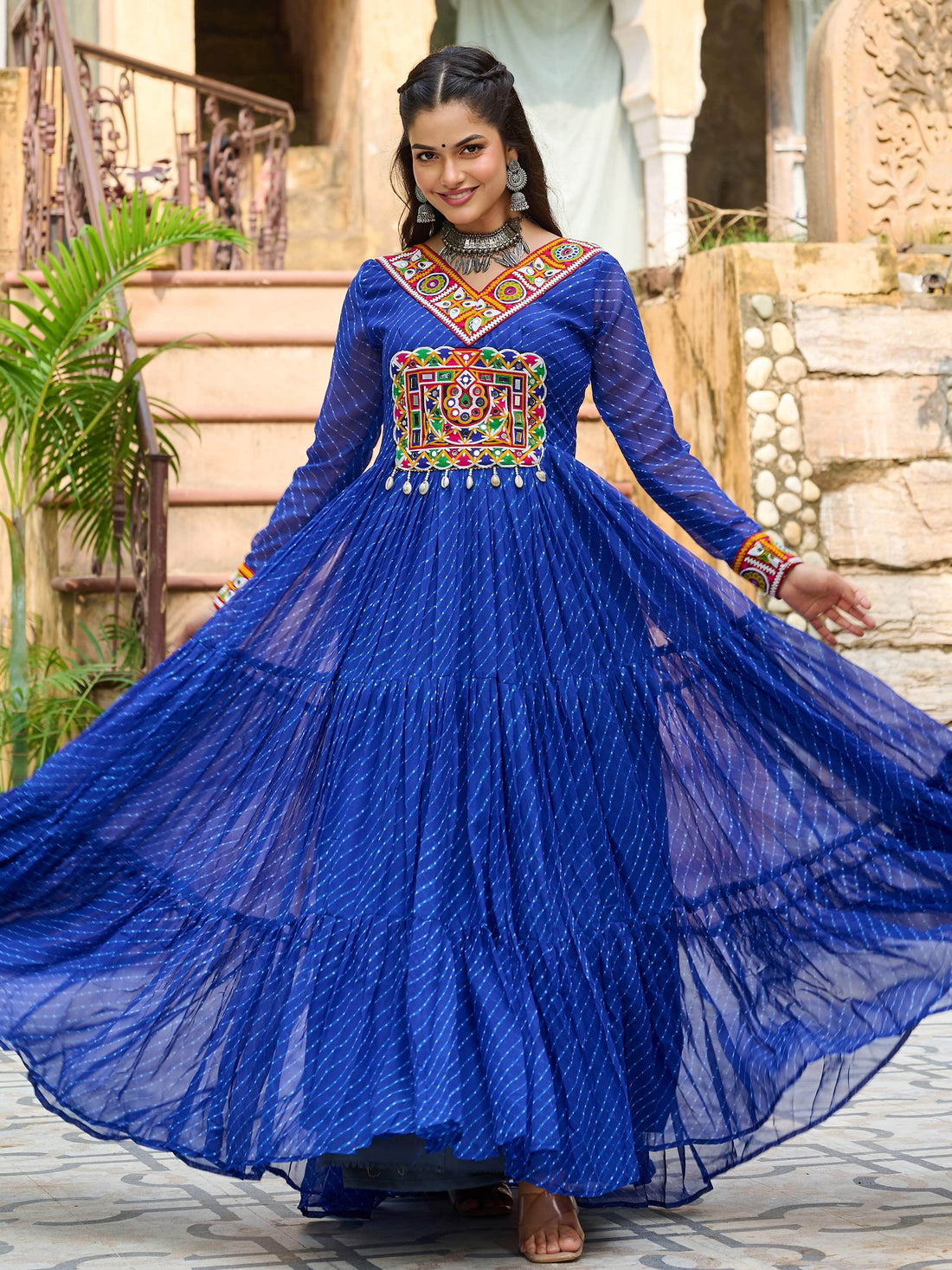 Great Royal Blue Laheriya Printed Georgette Festive Wear Gown - Zeel Clothing