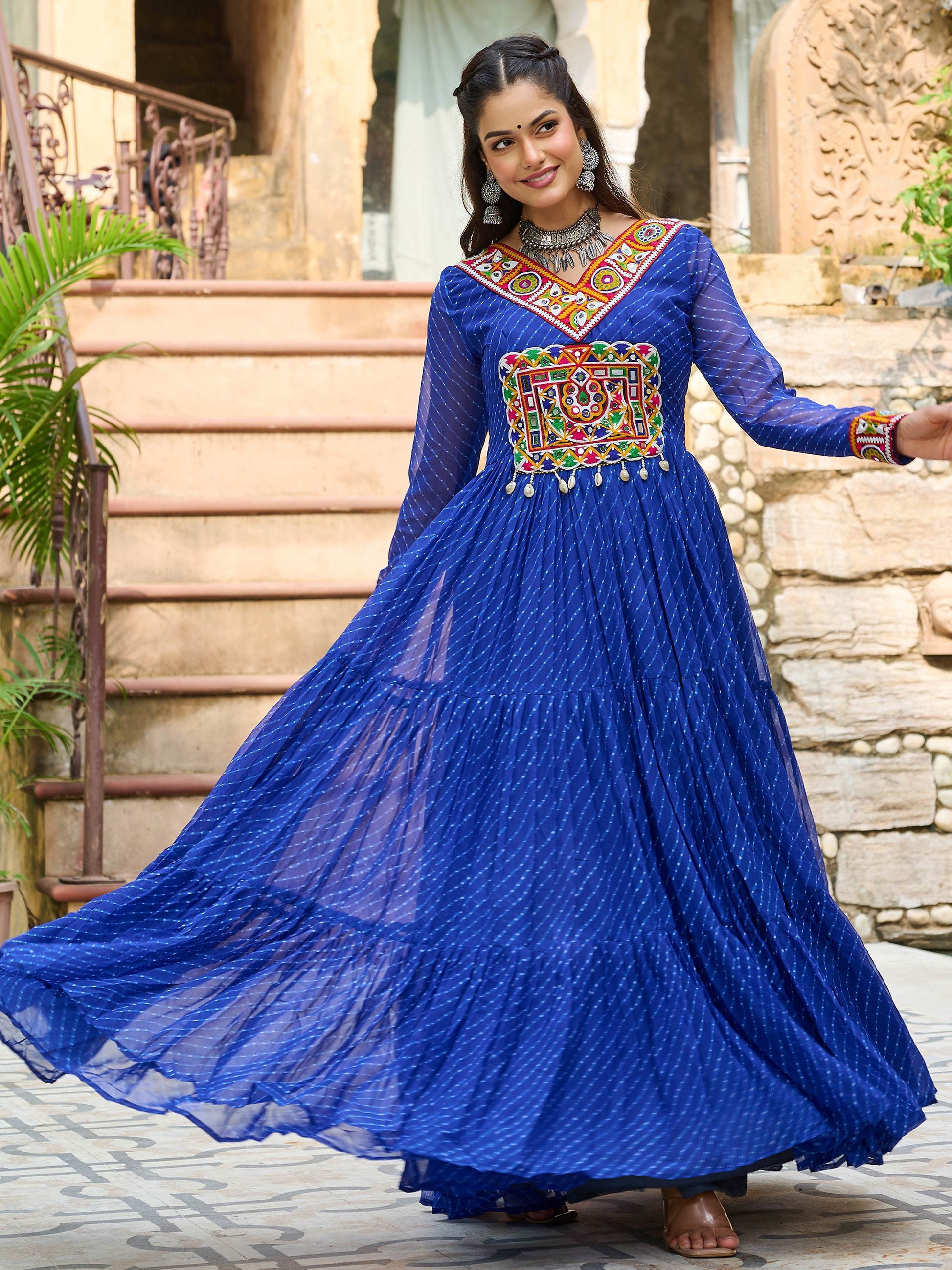 Great Royal Blue Laheriya Printed Georgette Festive Wear Gown - Zeel Clothing