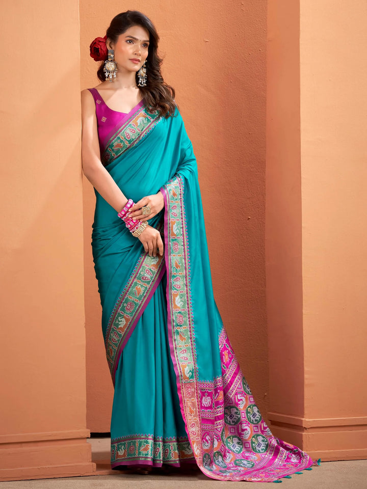 Great Teal Blue Patola Weaving Silk Function Wear Saree With Blouse - Zeel Clothing