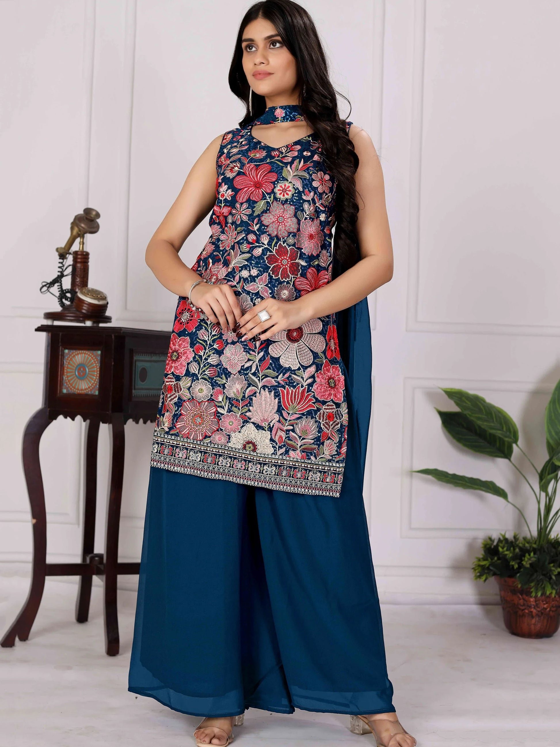 Great Teal Blue Sequins Embroidery Georgette Wedding Wear Palazzo Suit