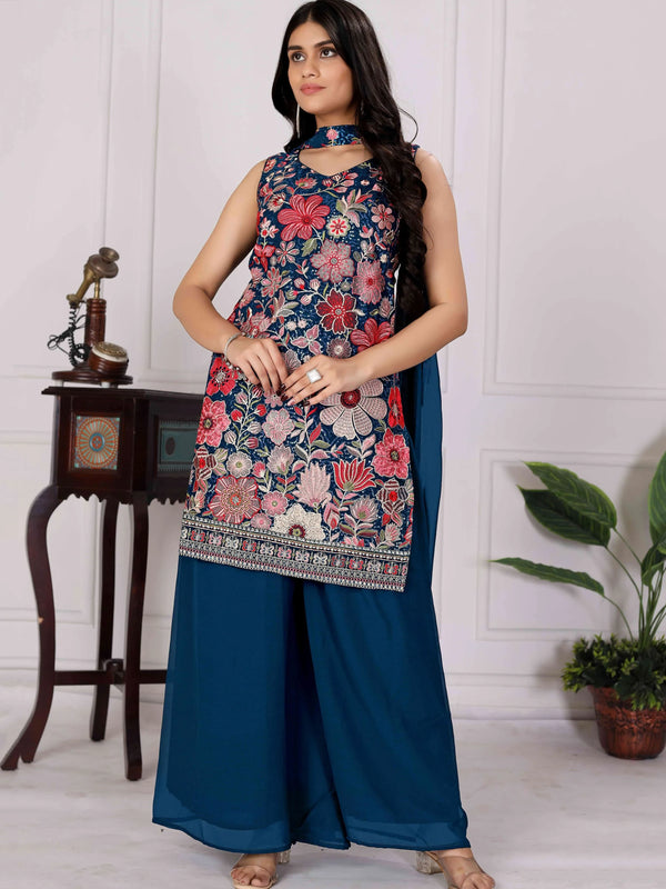 Great Teal Blue Sequins Embroidery Georgette Wedding Wear Palazzo Suit