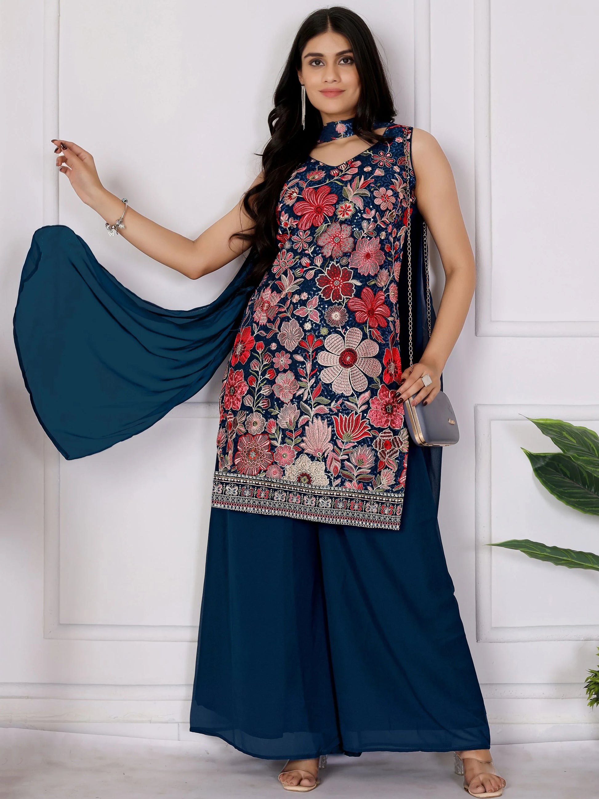 Great Teal Blue Sequins Embroidery Georgette Wedding Wear Palazzo Suit