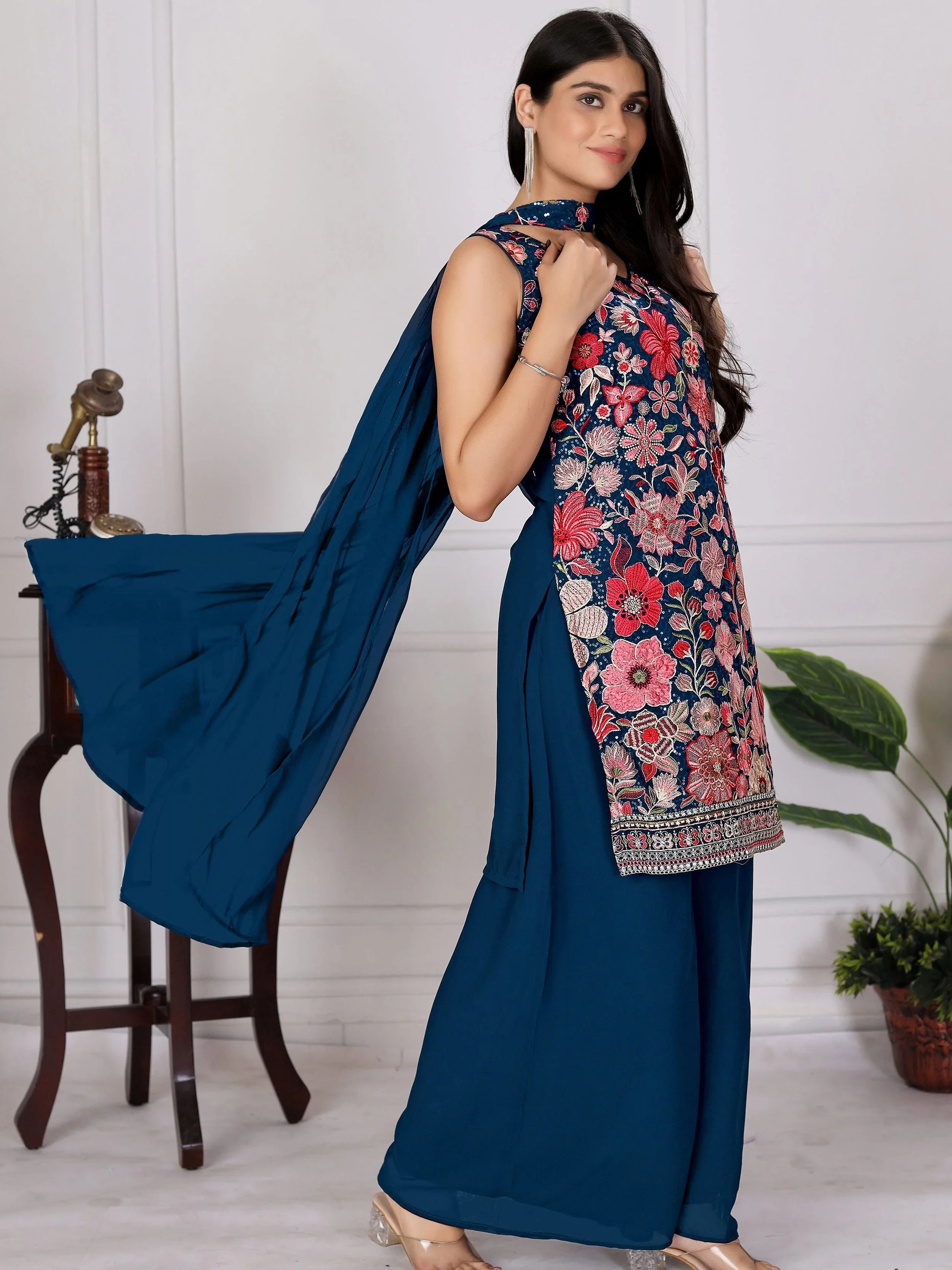 Great Teal Blue Sequins Embroidery Georgette Wedding Wear Palazzo Suit