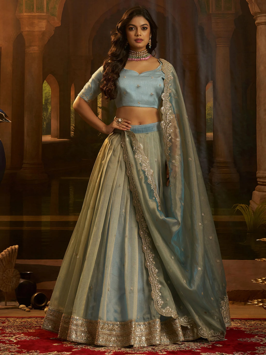 Great Turquoise Sequins Work Organza Traditional Lehenga With Blouse