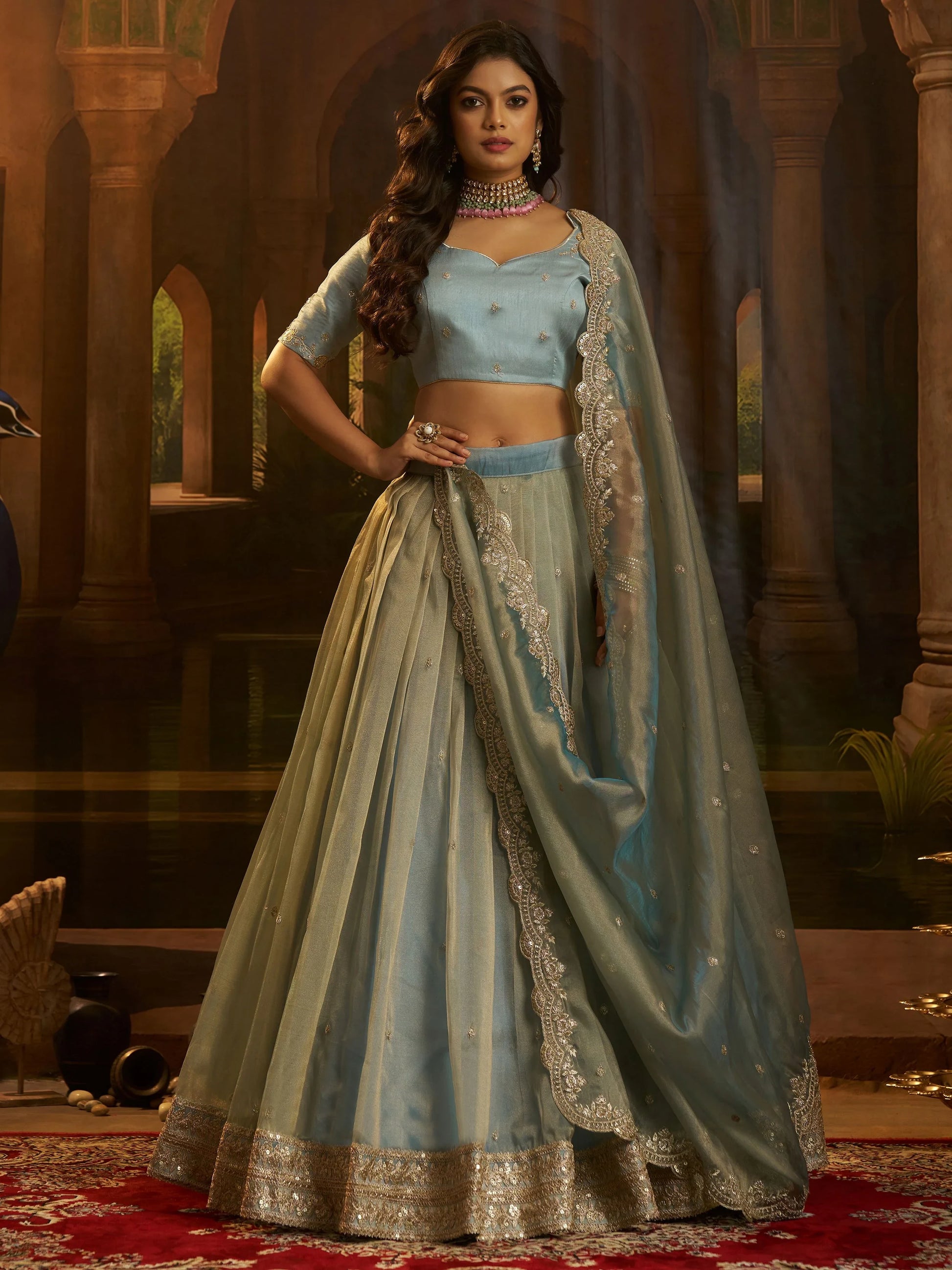 Great Turquoise Sequins Work Organza Traditional Lehenga With Blouse