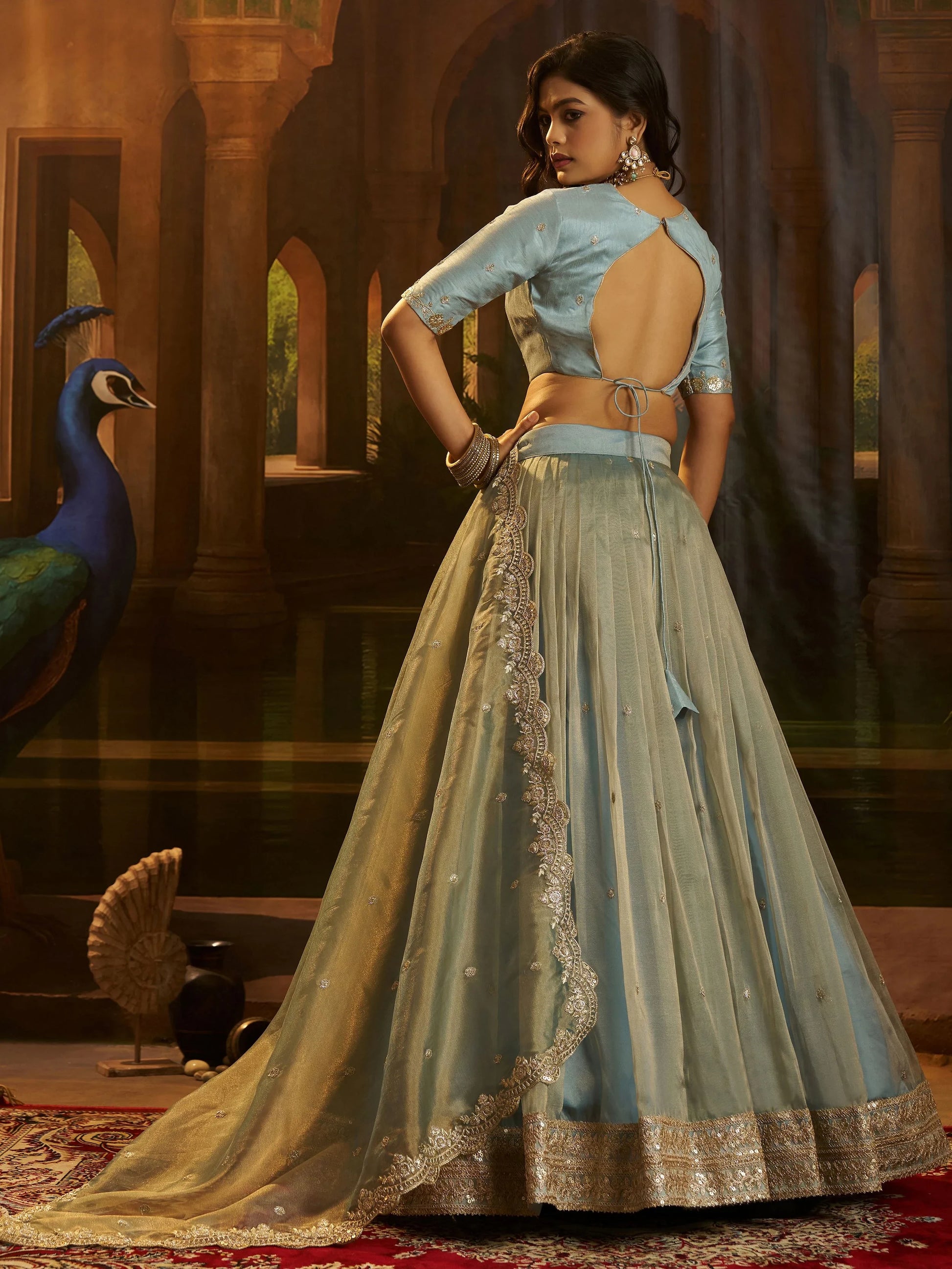 Great Turquoise Sequins Work Organza Traditional Lehenga With Blouse