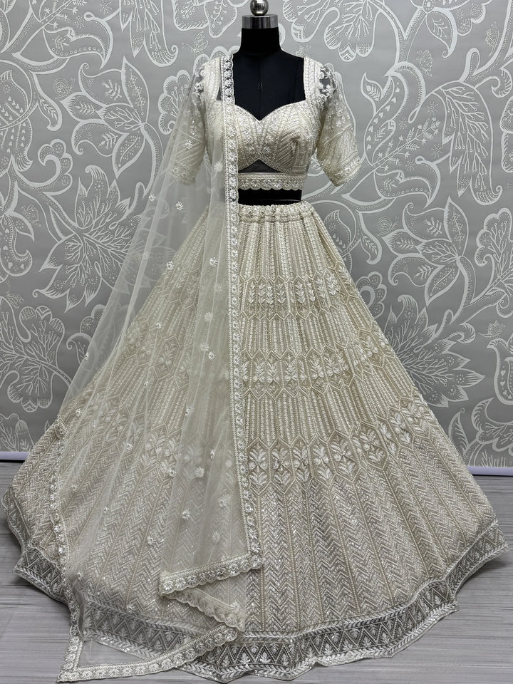 Great White Sequins Net Bridesmaid Lehenga Choli With Dupatta - Zeel Clothing