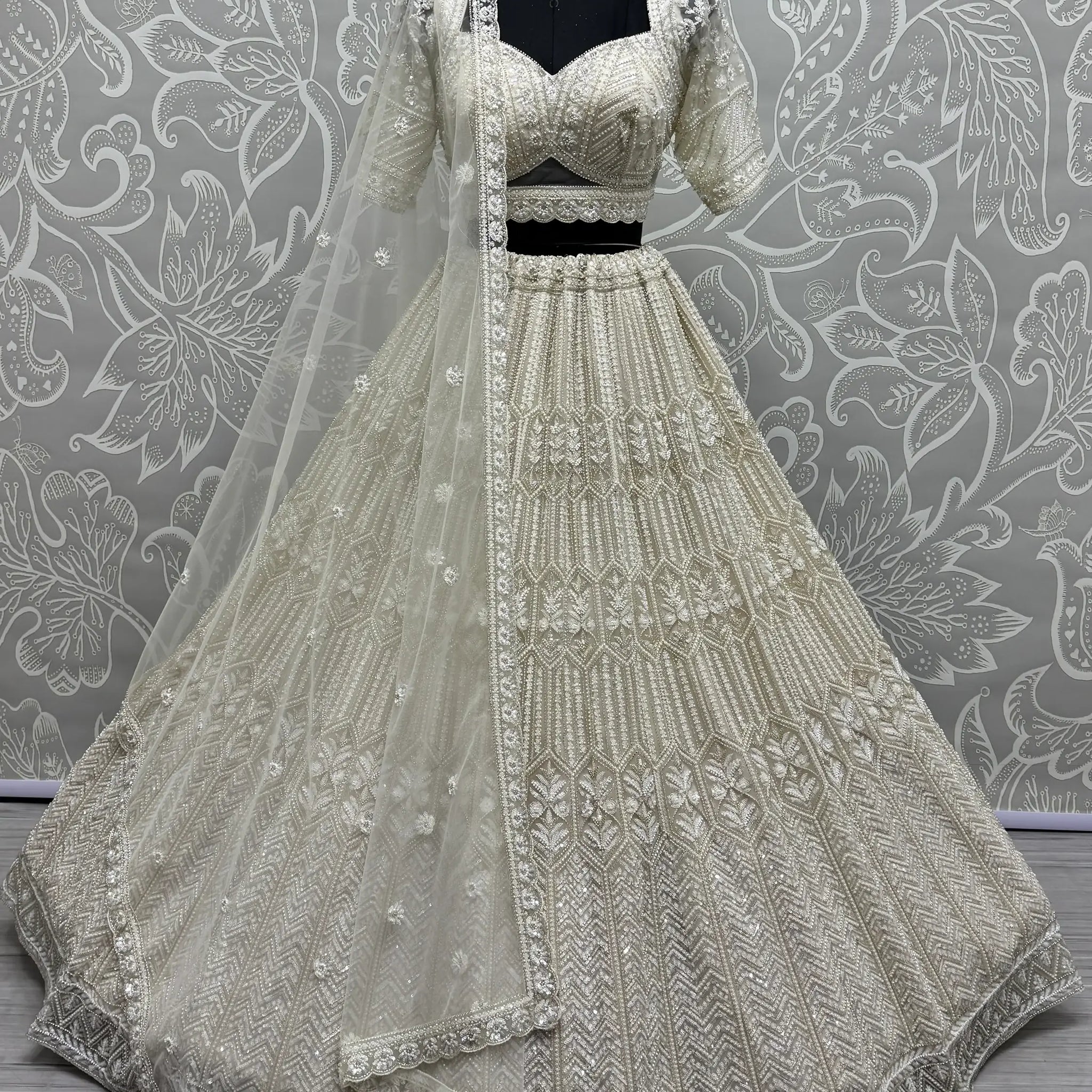Great White Sequins Net Bridesmaid Lehenga Choli With Dupatta - Zeel Clothing