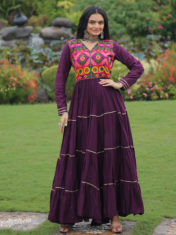 Great Wine Gamthi Work Rayon Navratri Wear Gown - Zeel Clothing