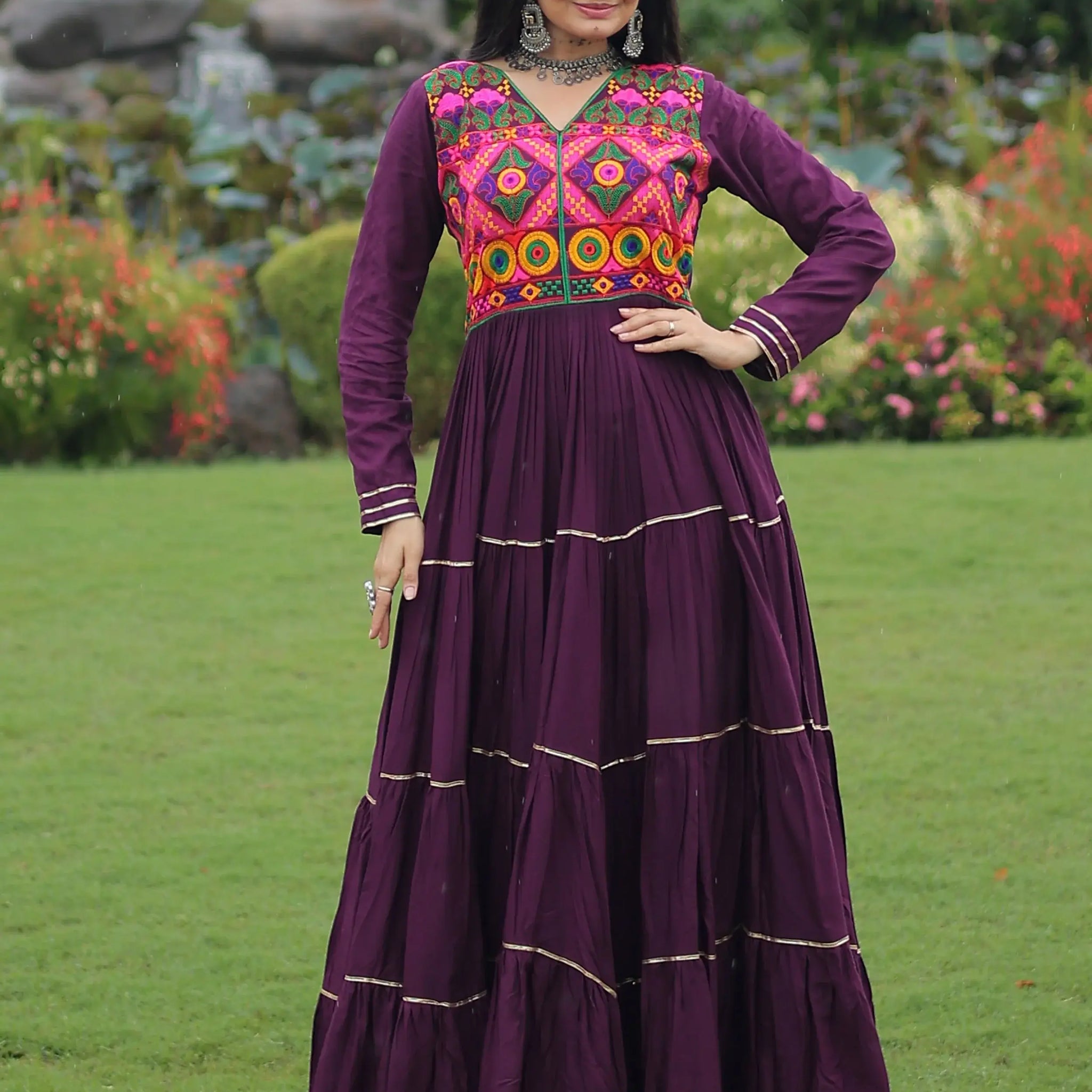 Great Wine Gamthi Work Rayon Navratri Wear Gown - Zeel Clothing
