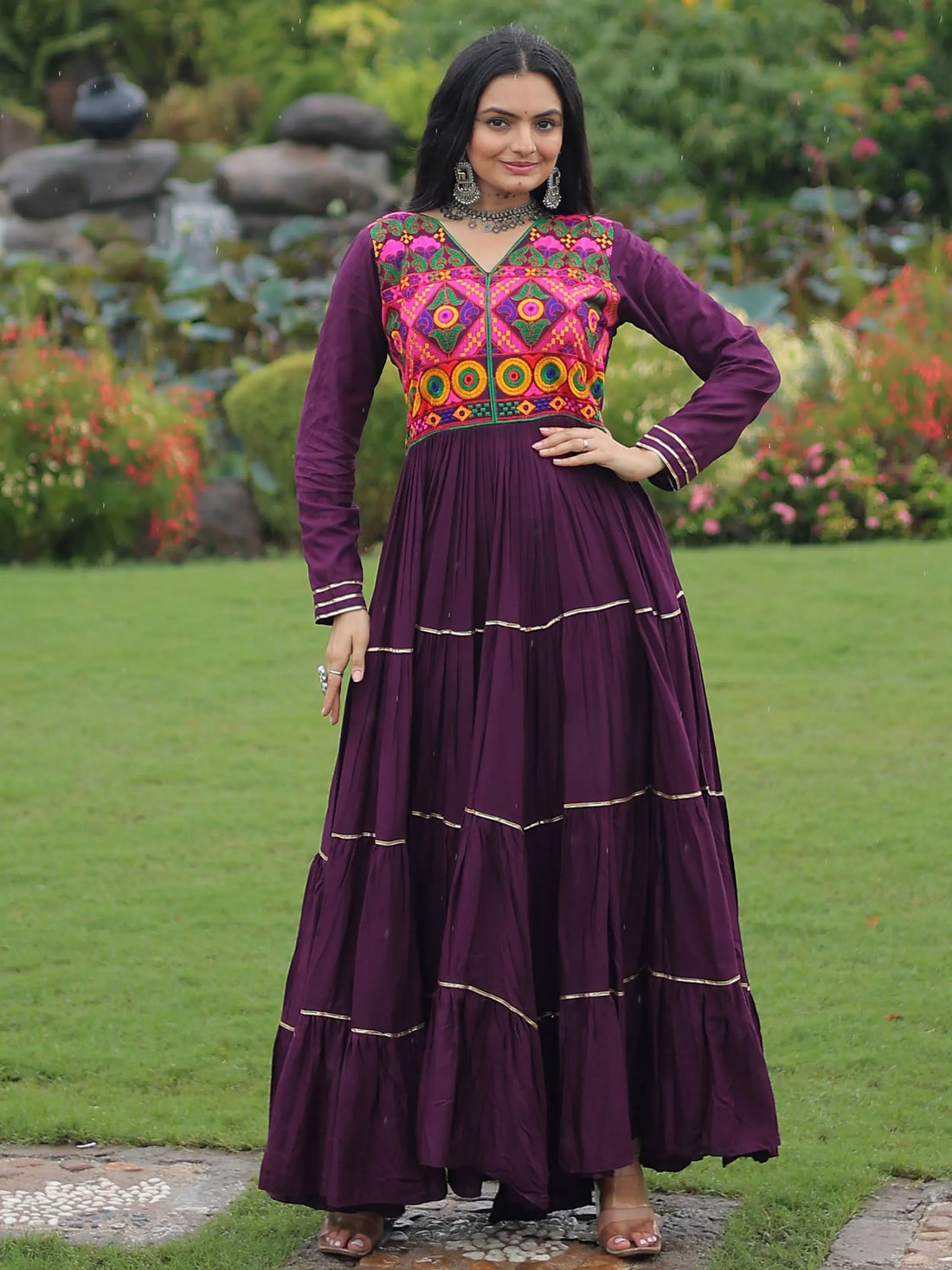 Great Wine Gamthi Work Rayon Navratri Wear Gown - Zeel Clothing
