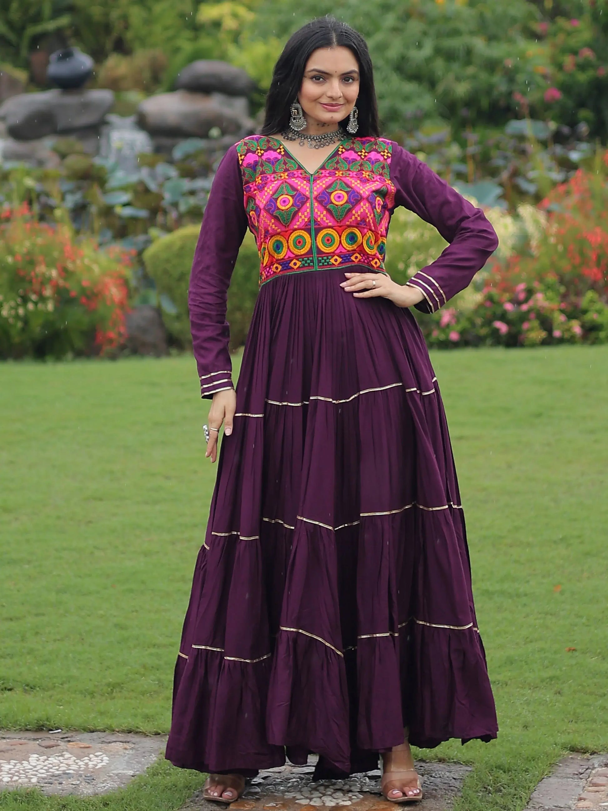 Great Wine Gamthi Work Rayon Navratri Wear Gown - Zeel Clothing