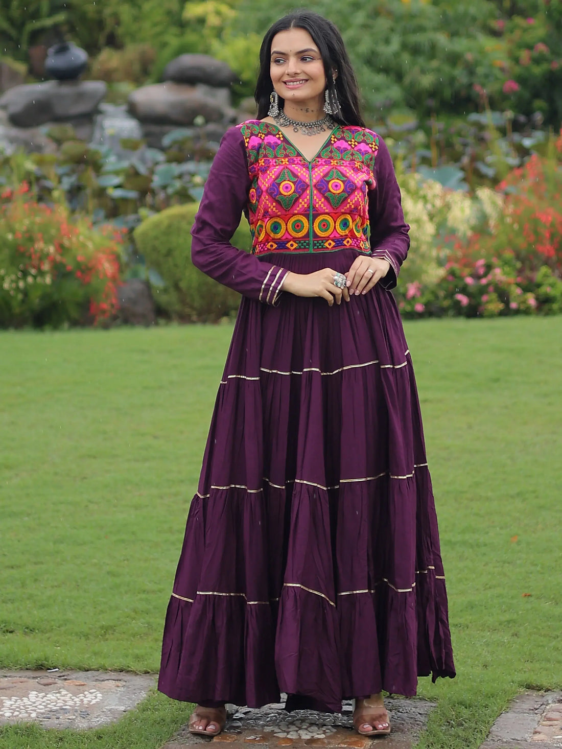 Great Wine Gamthi Work Rayon Navratri Wear Gown - Zeel Clothing