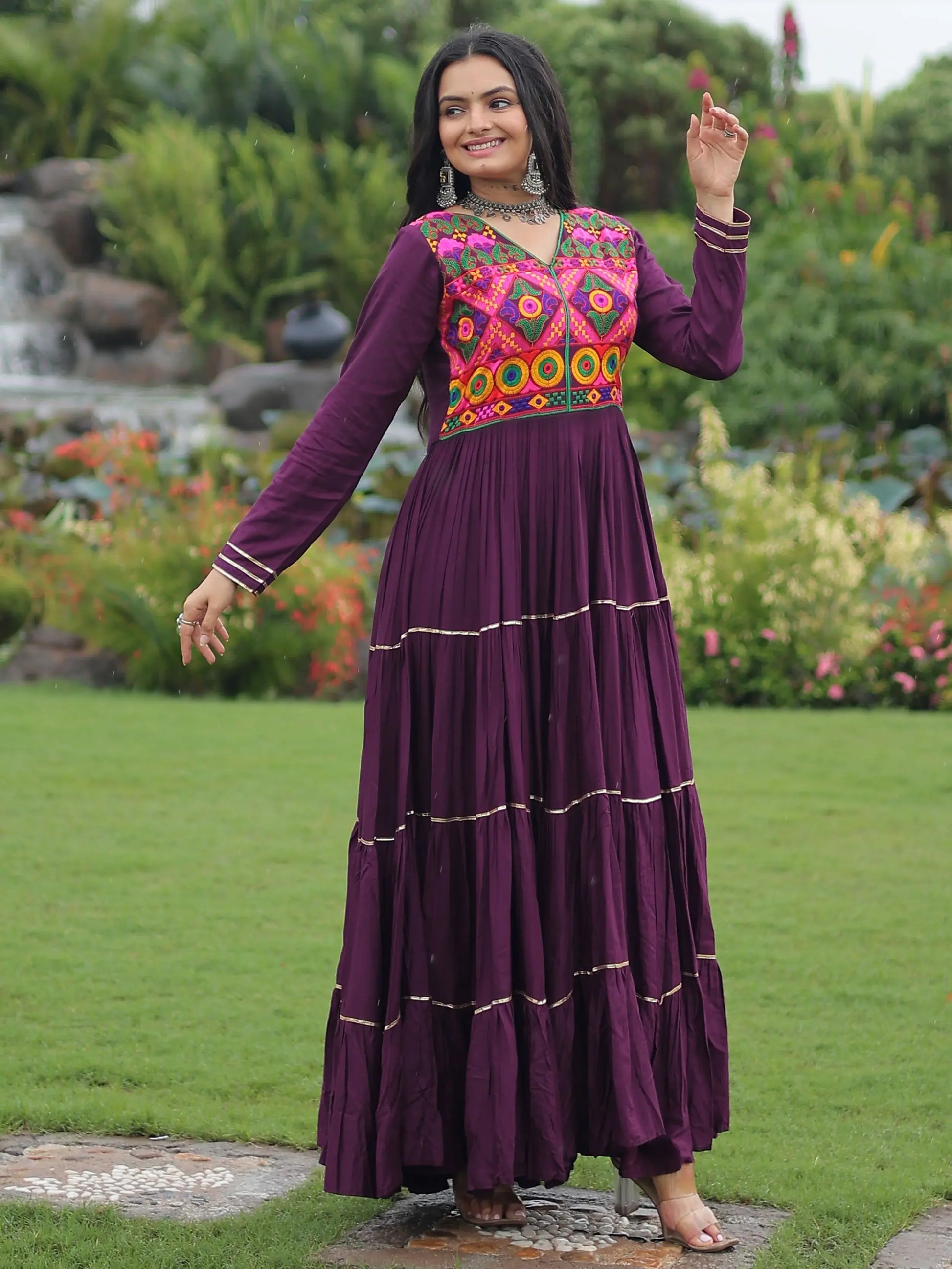 Great Wine Gamthi Work Rayon Navratri Wear Gown - Zeel Clothing