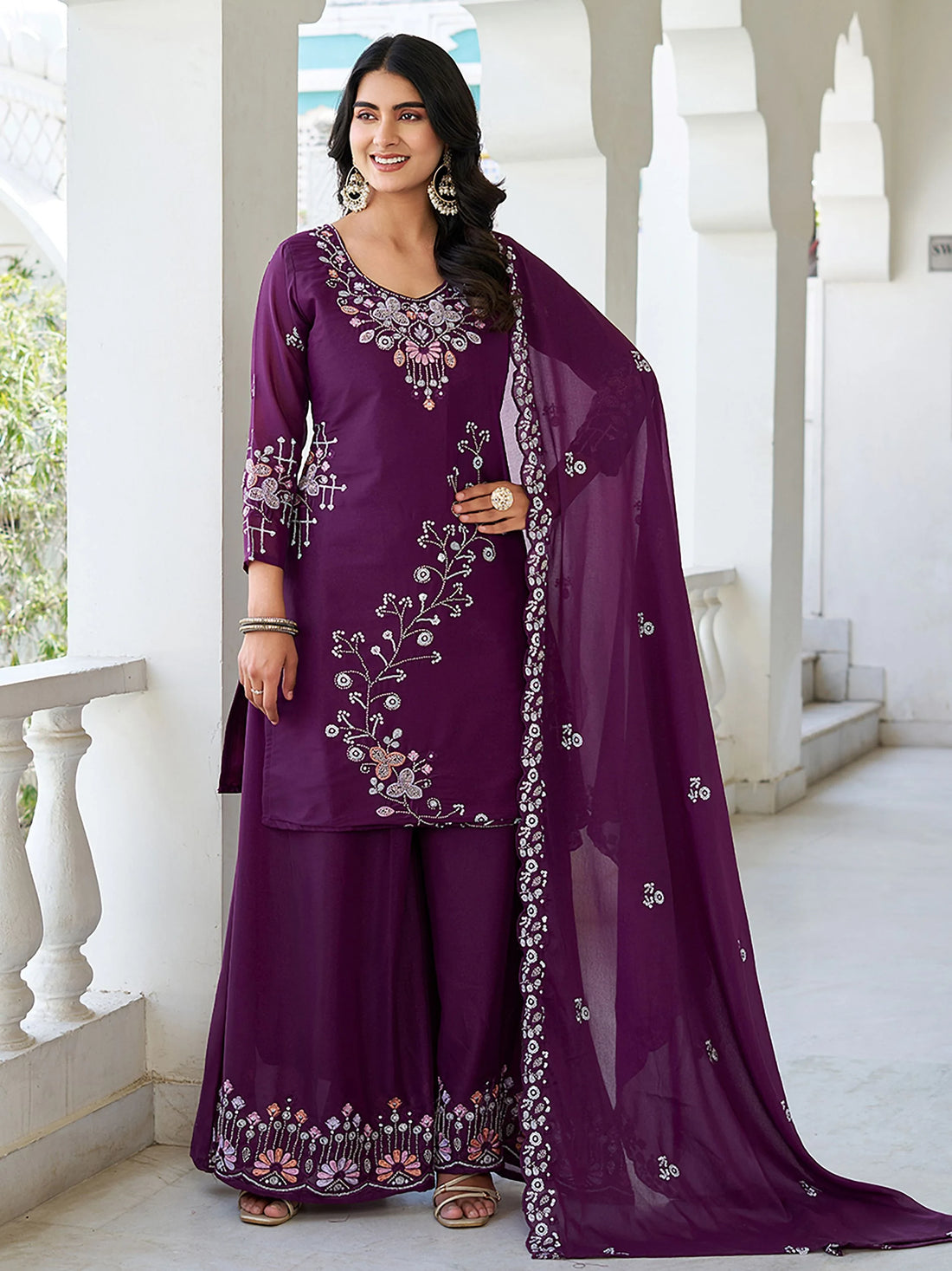 Great Wine Sequins Embroidery Georgette Traditional Palazzo Suit With Dupatta - Zeel Clothing