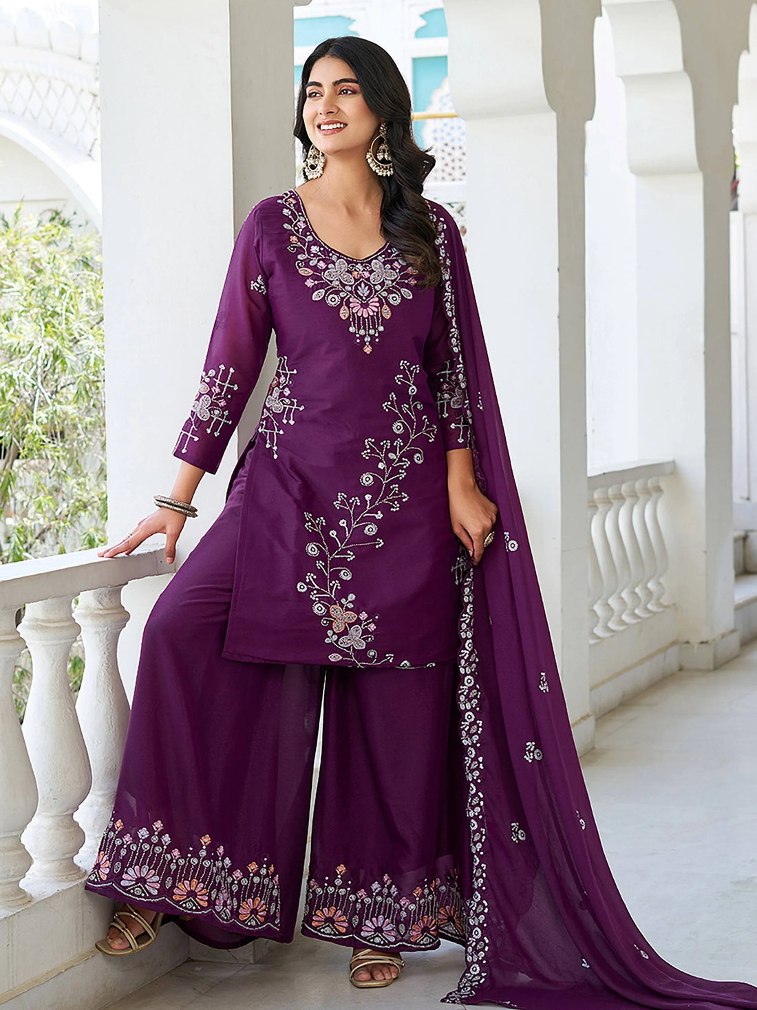Great Wine Sequins Embroidery Georgette Traditional Palazzo Suit With Dupatta - Zeel Clothing