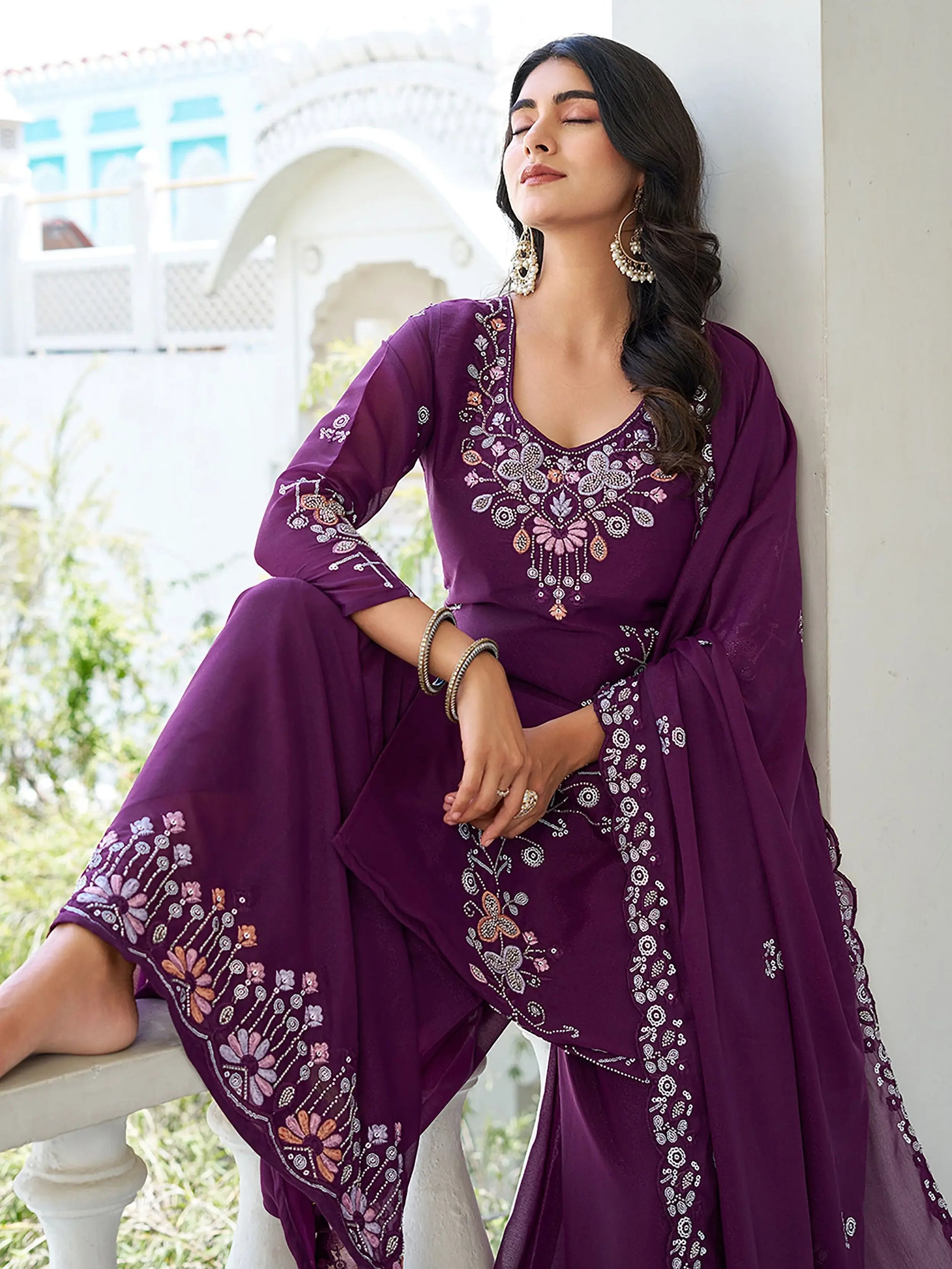 Great Wine Sequins Embroidery Georgette Traditional Palazzo Suit With Dupatta - Zeel Clothing