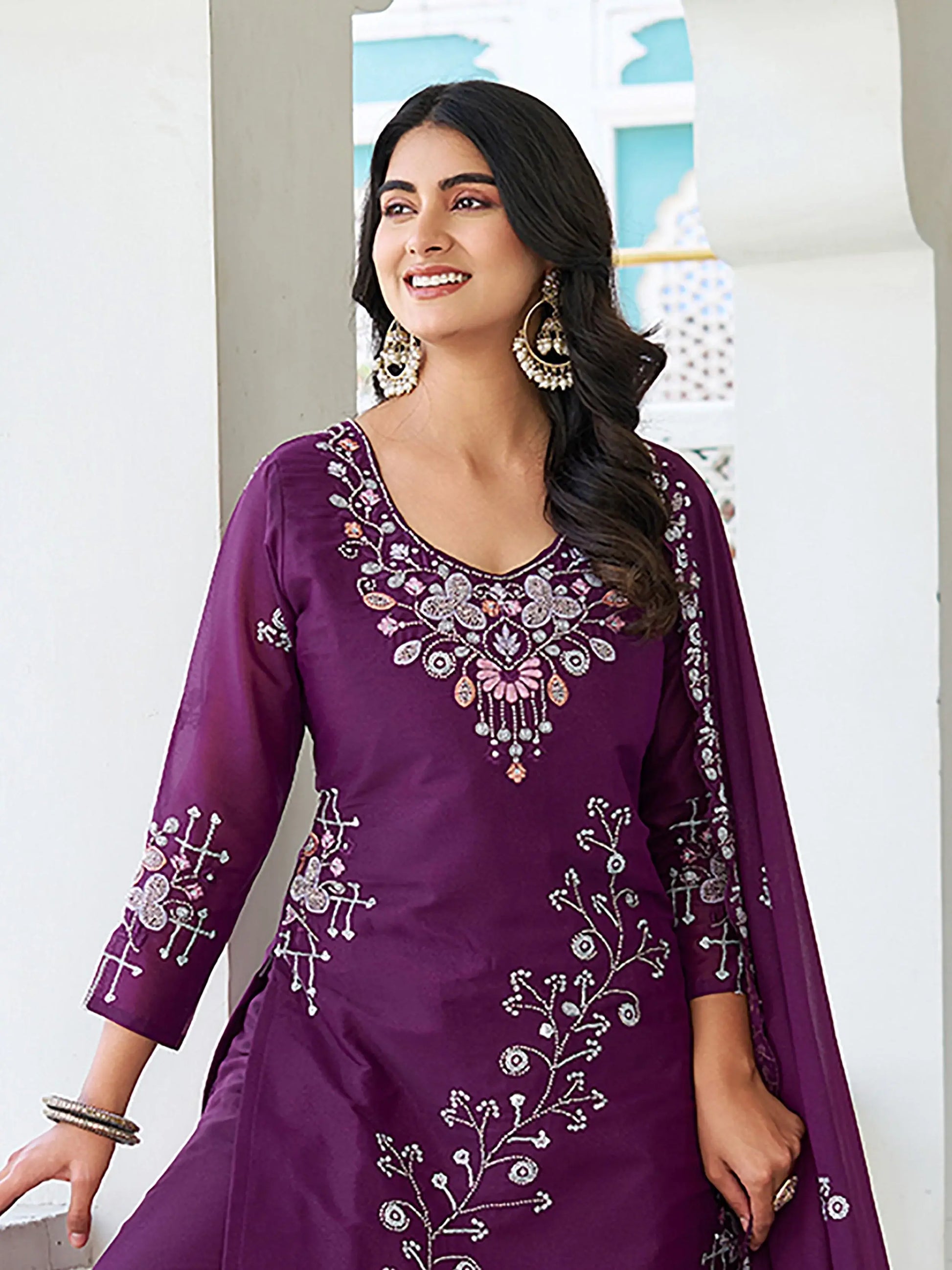 Great Wine Sequins Embroidery Georgette Traditional Palazzo Suit With Dupatta - Zeel Clothing