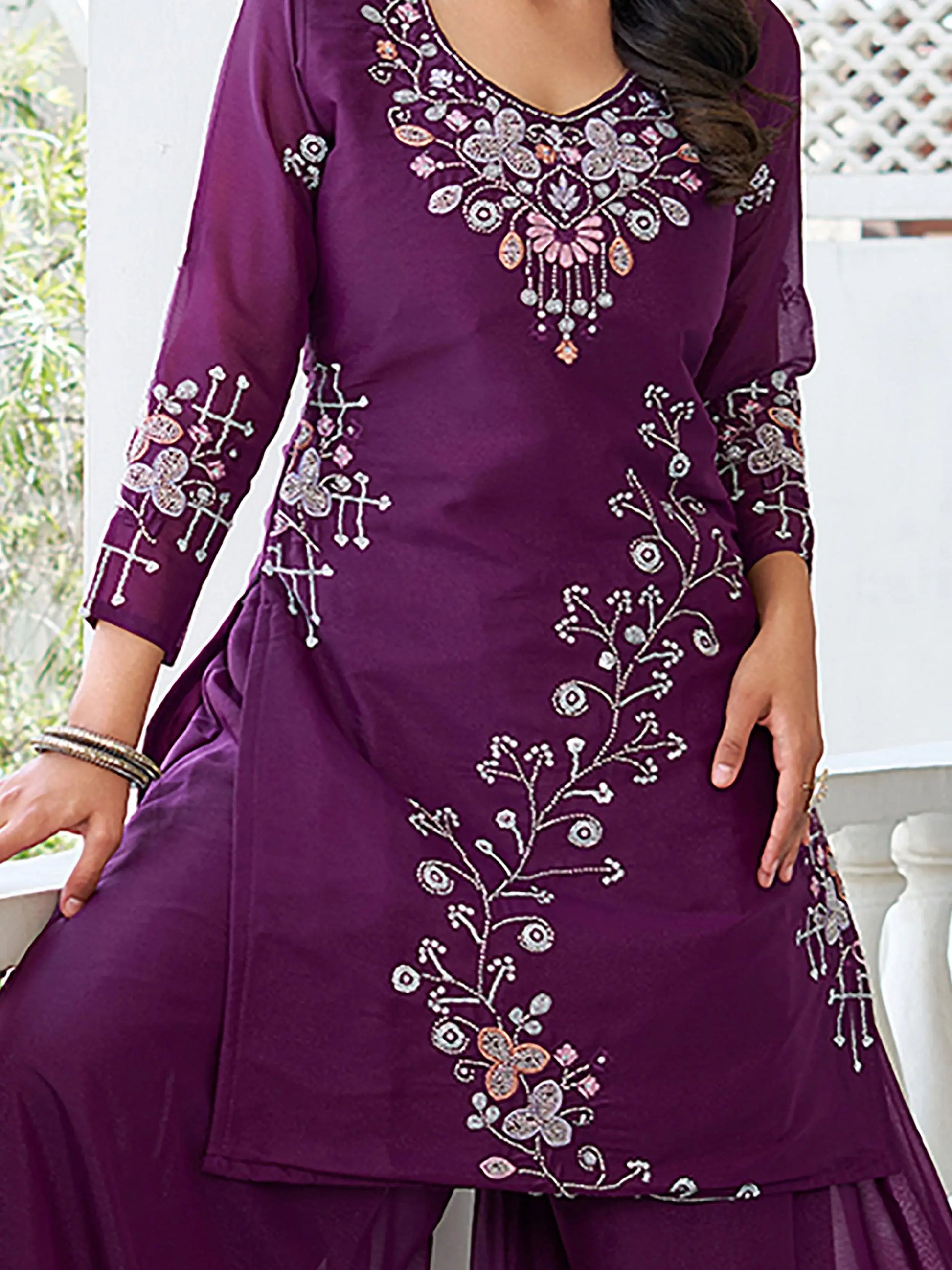 Great Wine Sequins Embroidery Georgette Traditional Palazzo Suit With Dupatta - Zeel Clothing