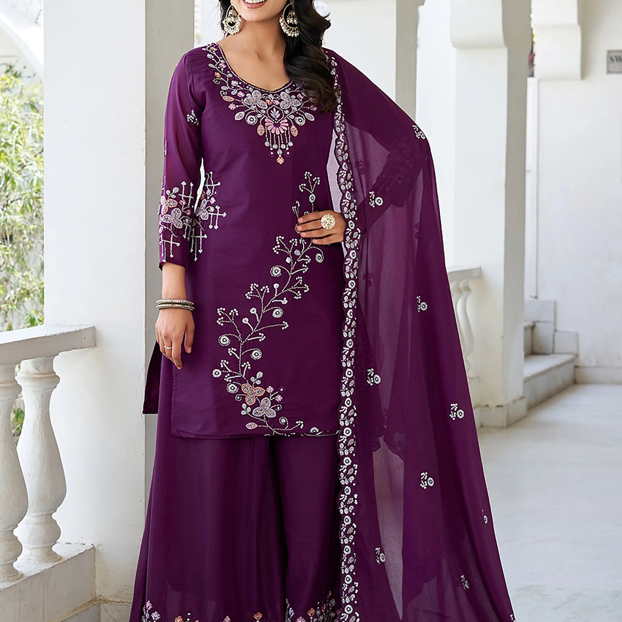 Great Wine Sequins Embroidery Georgette Traditional Palazzo Suit With Dupatta - Zeel Clothing