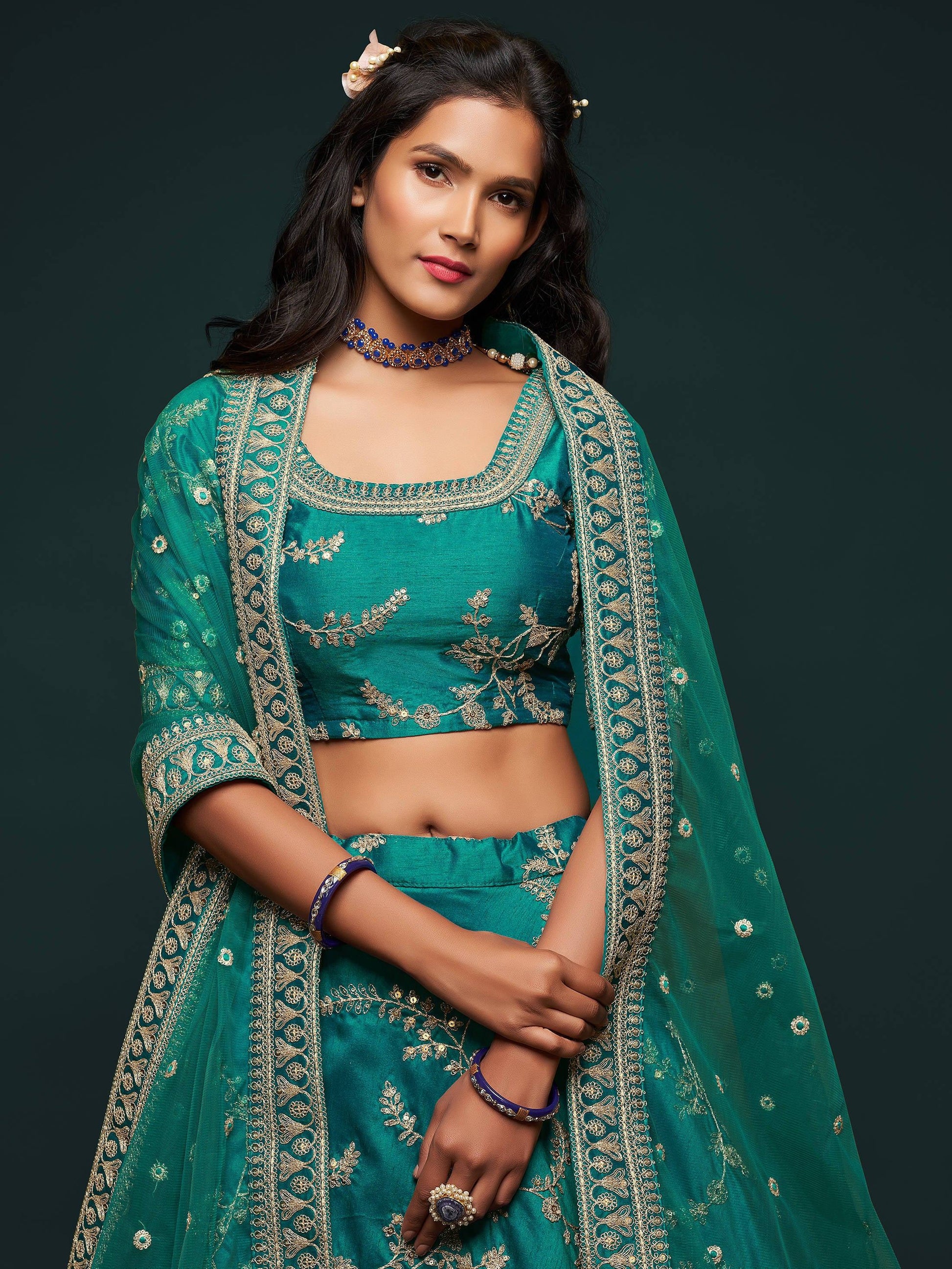 Greatest Green Thread Embroidery Art Silk Wedding Lehenga Choli - Zeel Clothing