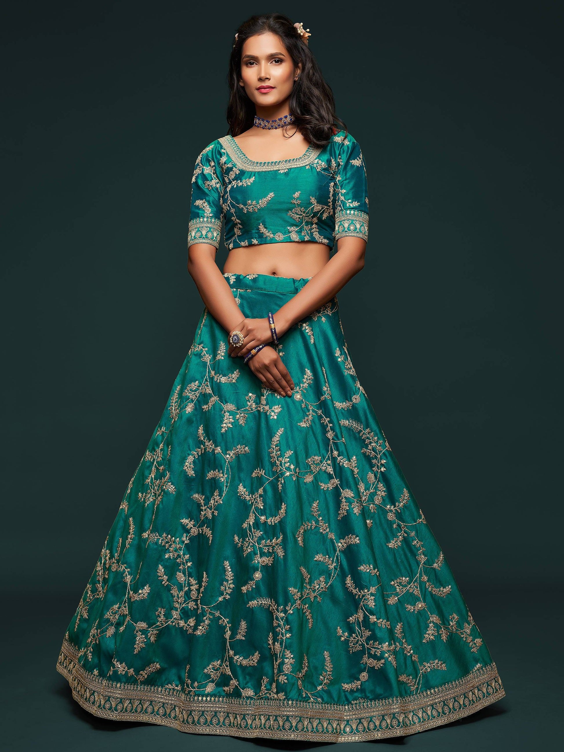 Greatest Green Thread Embroidery Art Silk Wedding Lehenga Choli - Zeel Clothing