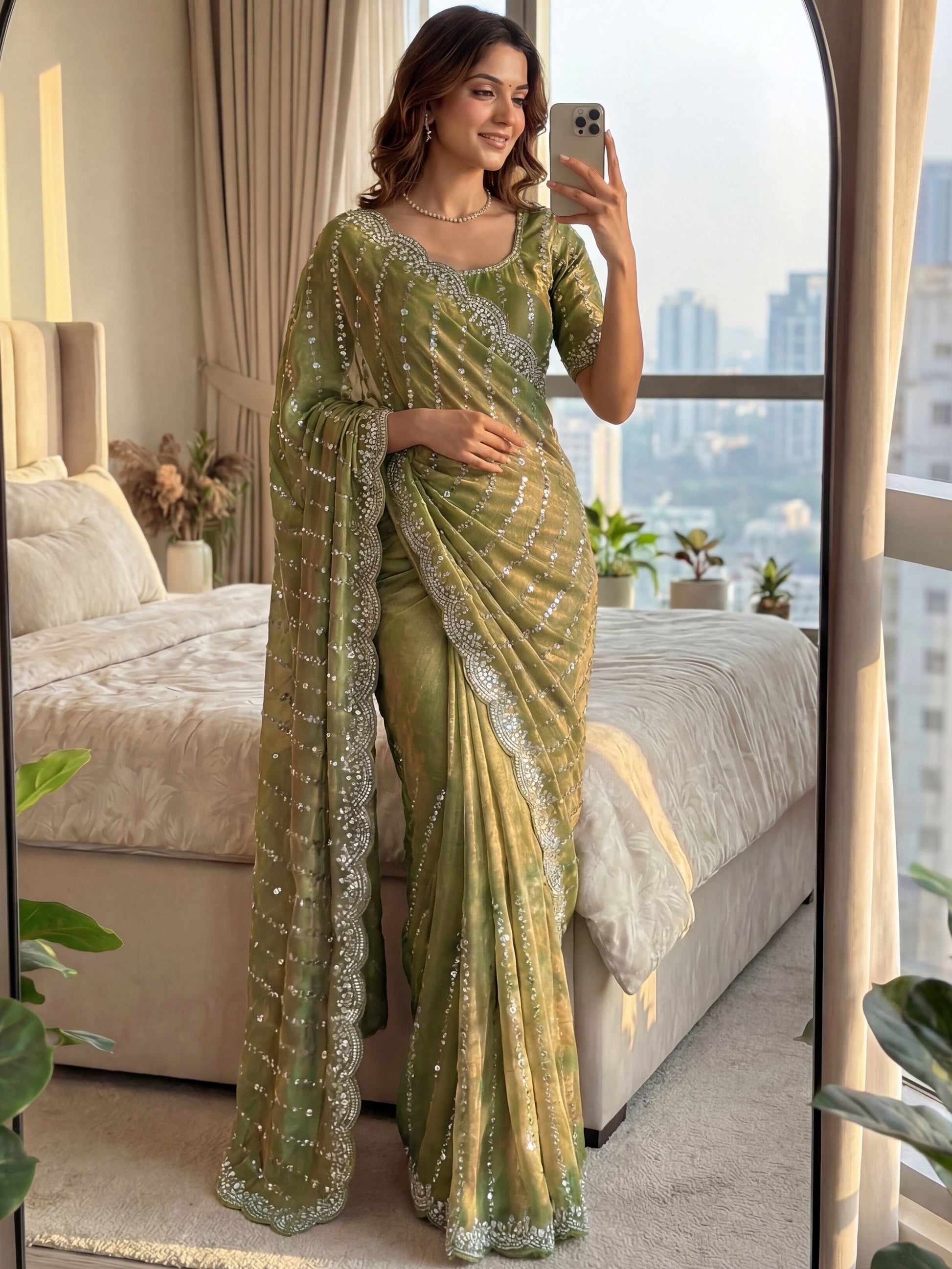 Great Olive Green Bead Work Satin Mehendi Wear Saree With Blouse