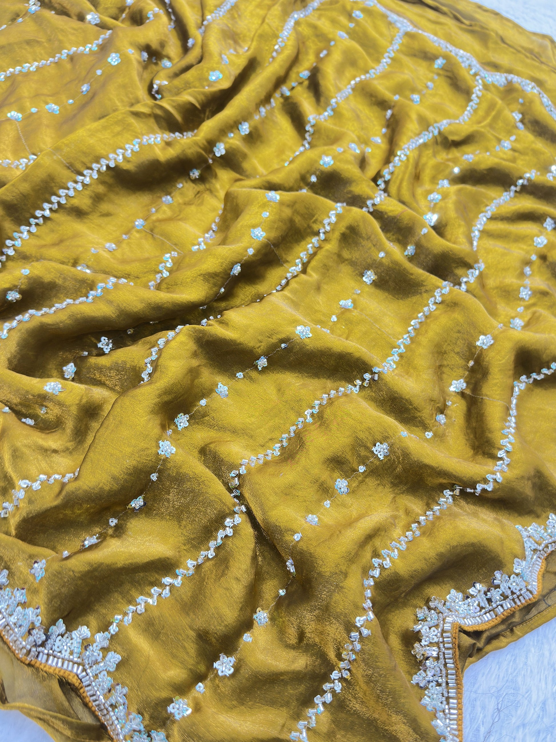 Great Olive Green Bead Work Satin Mehendi Wear Saree With Blouse