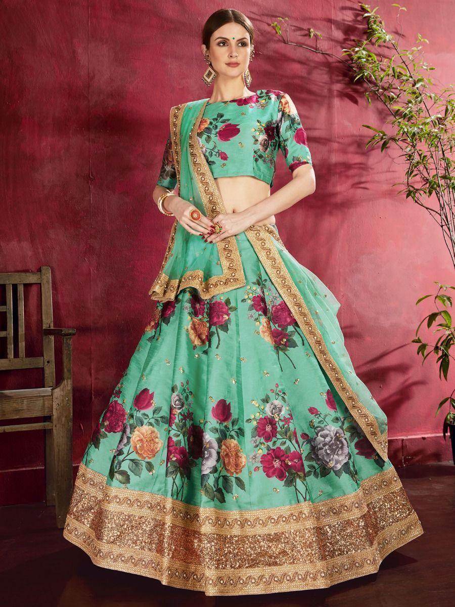 Green Floral Print Banglori Silk Wedding Wear Lehenga Choli - Zeel Clothing