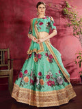 Green Floral Print Banglori Silk Wedding Wear Lehenga Choli - Zeel Clothing