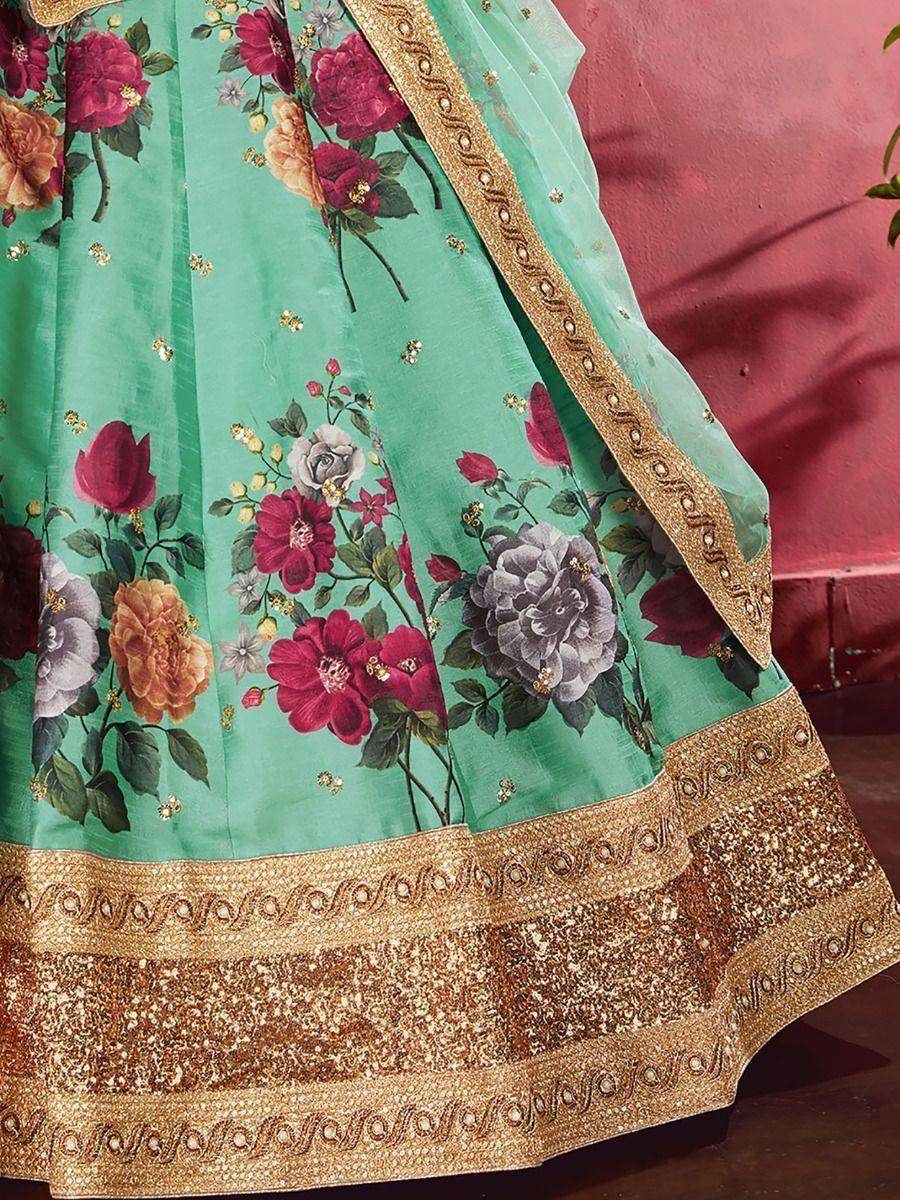 Green Floral Print Banglori Silk Wedding Wear Lehenga Choli - Zeel Clothing