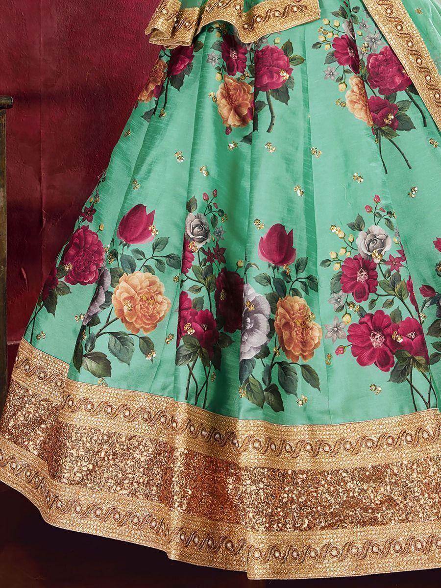 Green Floral Print Banglori Silk Wedding Wear Lehenga Choli - Zeel Clothing