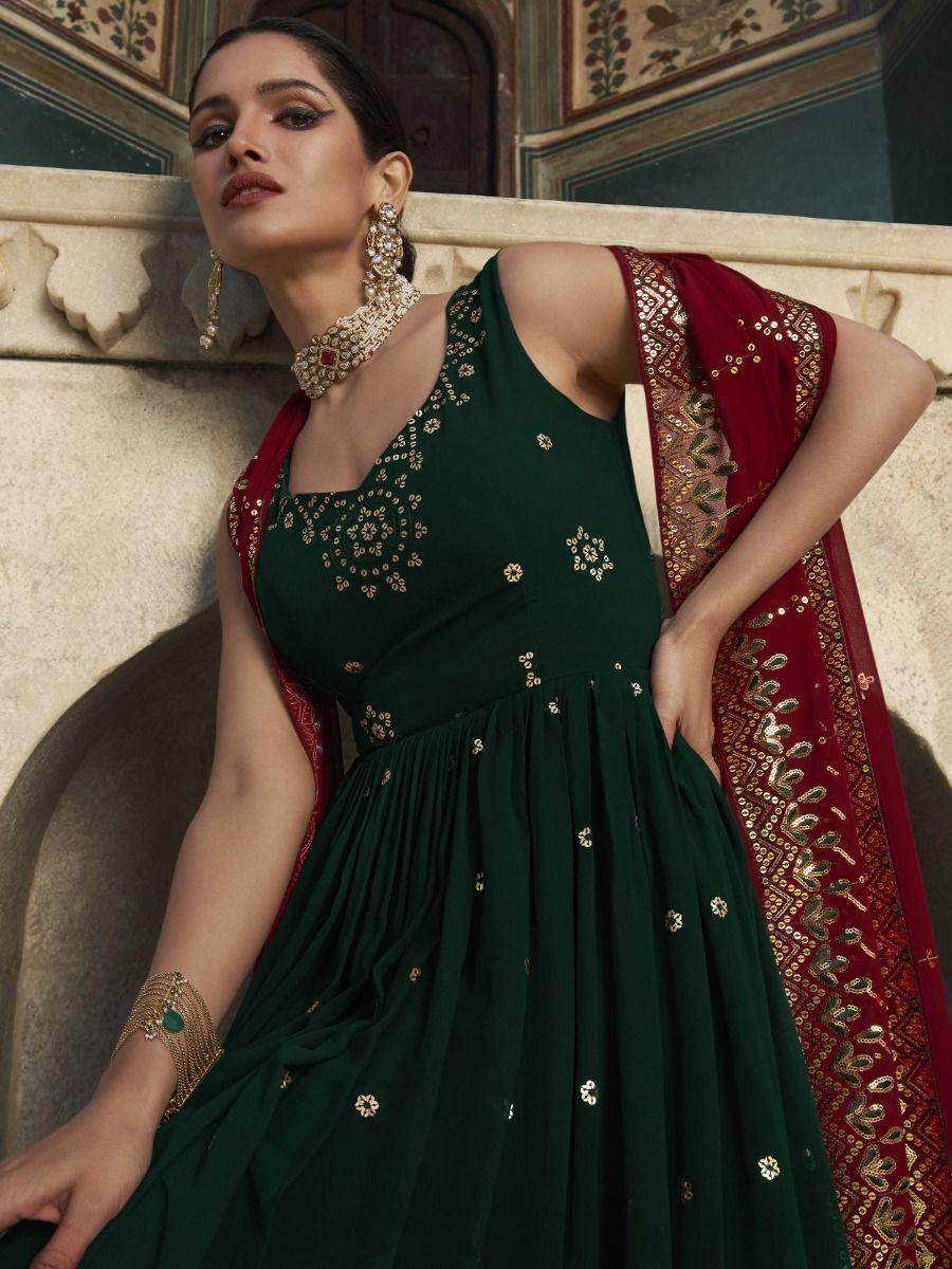 Green Sequins Work Georgette Wedding Wear Gown With Dupatta - Zeel Clothing