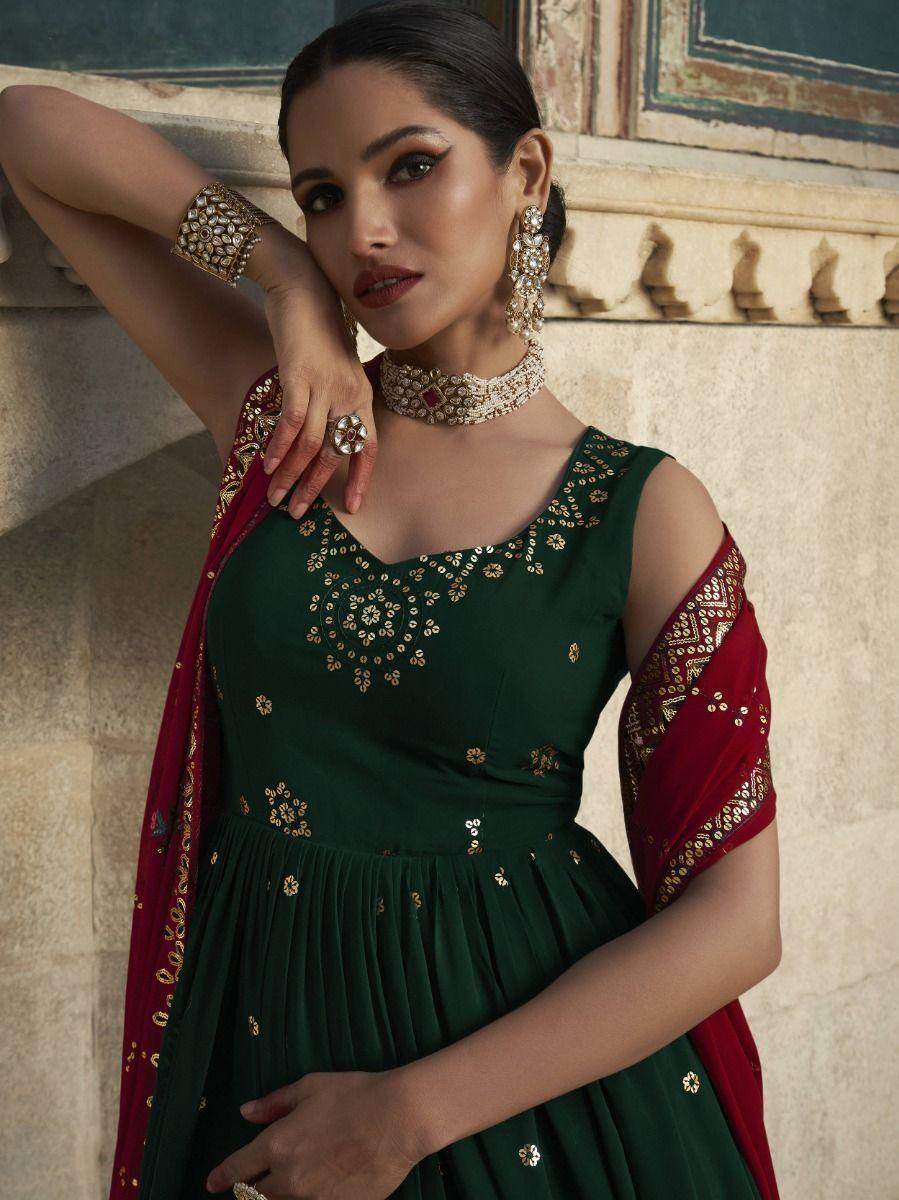 Green Sequins Work Georgette Wedding Wear Gown With Dupatta - Zeel Clothing
