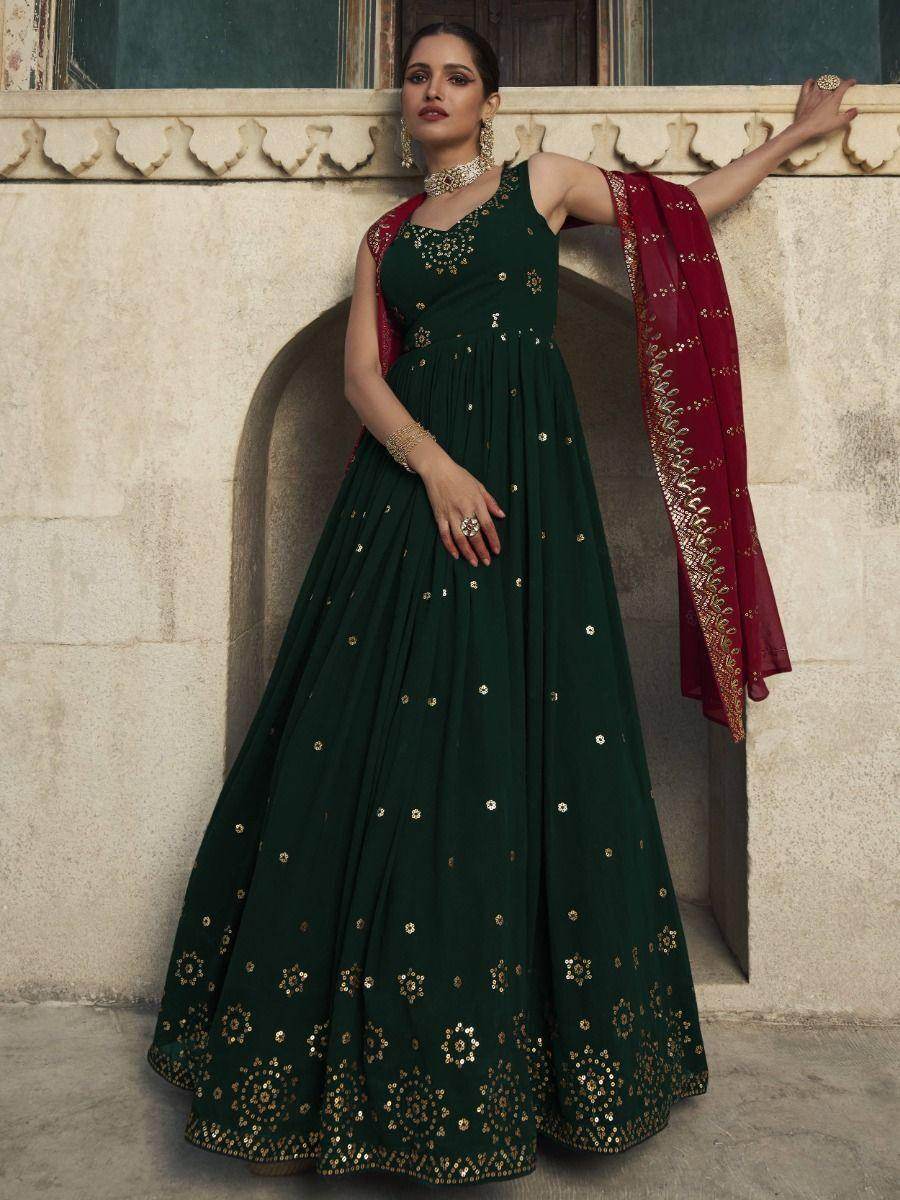 Green Sequins Work Georgette Wedding Wear Gown With Dupatta - Zeel Clothing