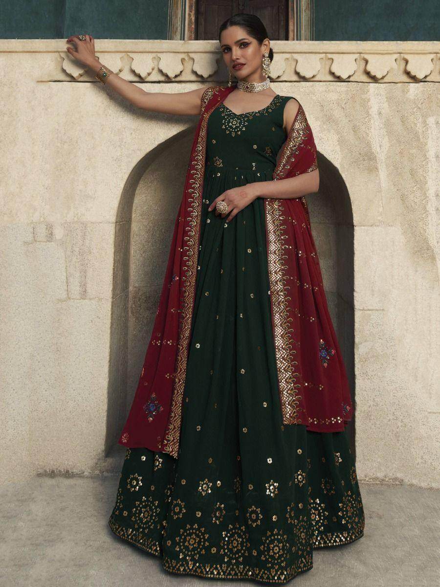 Green Sequins Work Georgette Wedding Wear Gown With Dupatta - Zeel Clothing