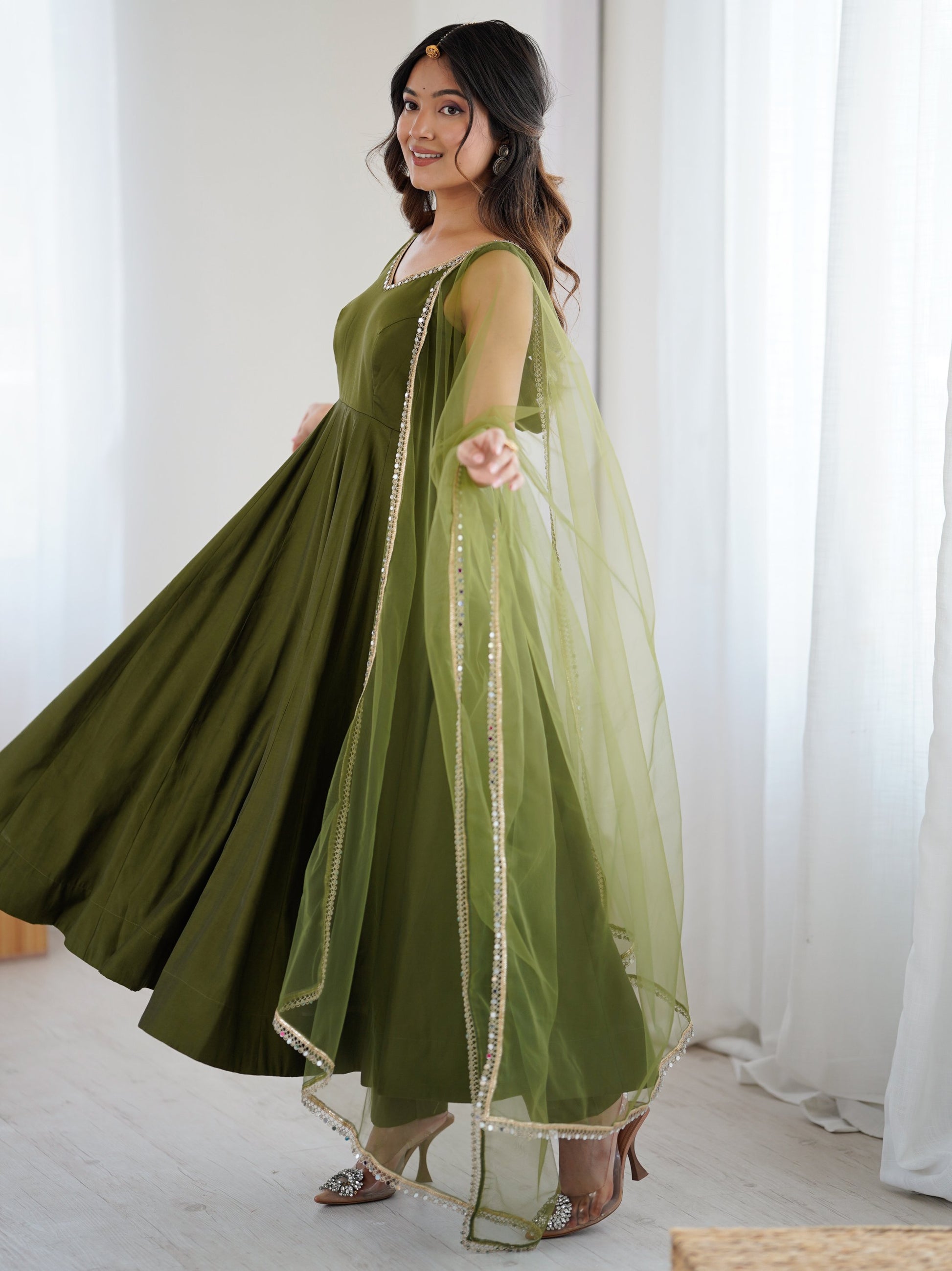Amazing Olive Green Lace Work Chanderi Silk Mehendi Wear Anarkali Suit