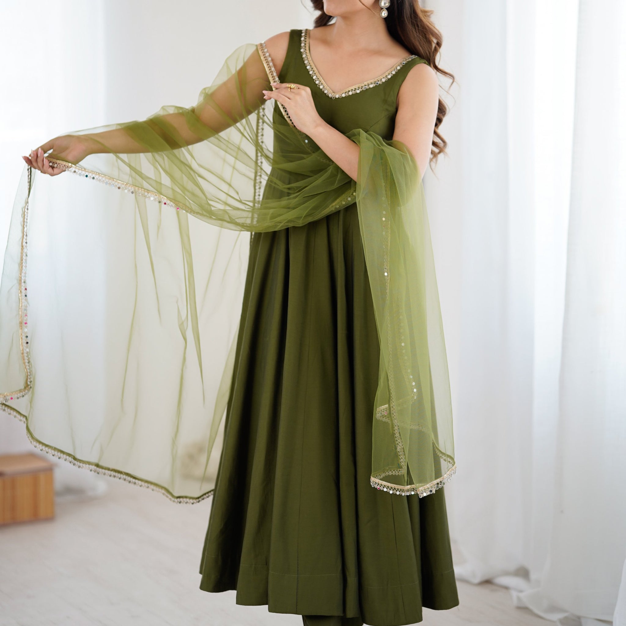 Amazing Olive Green Lace Work Chanderi Silk Mehendi Wear Anarkali Suit