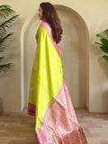 Enchanting Parrot Green Zari Weaving Silk Event Wear Saree With Blouse