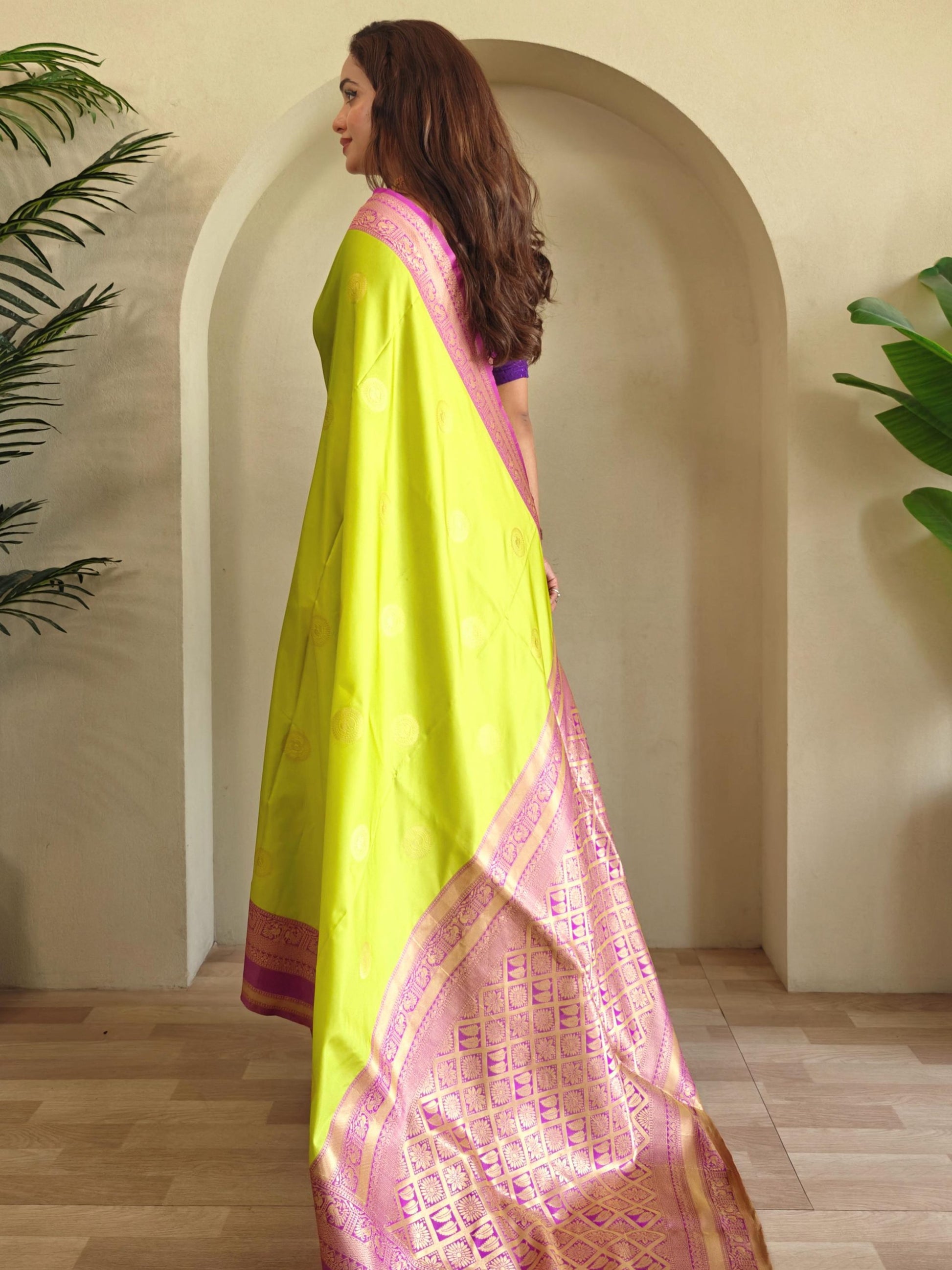 Enchanting Parrot Green Zari Weaving Silk Event Wear Saree With Blouse