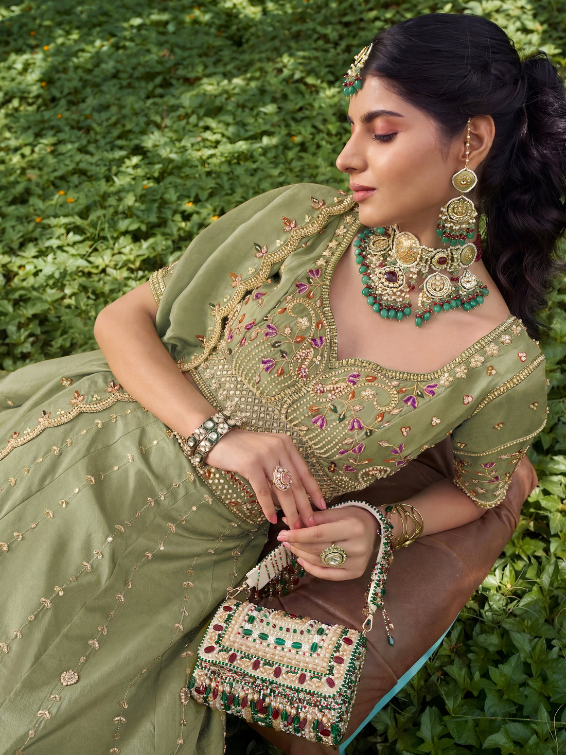 Rich Pista Green Beads Work Silk Engagement Wear Lehenga Choli
