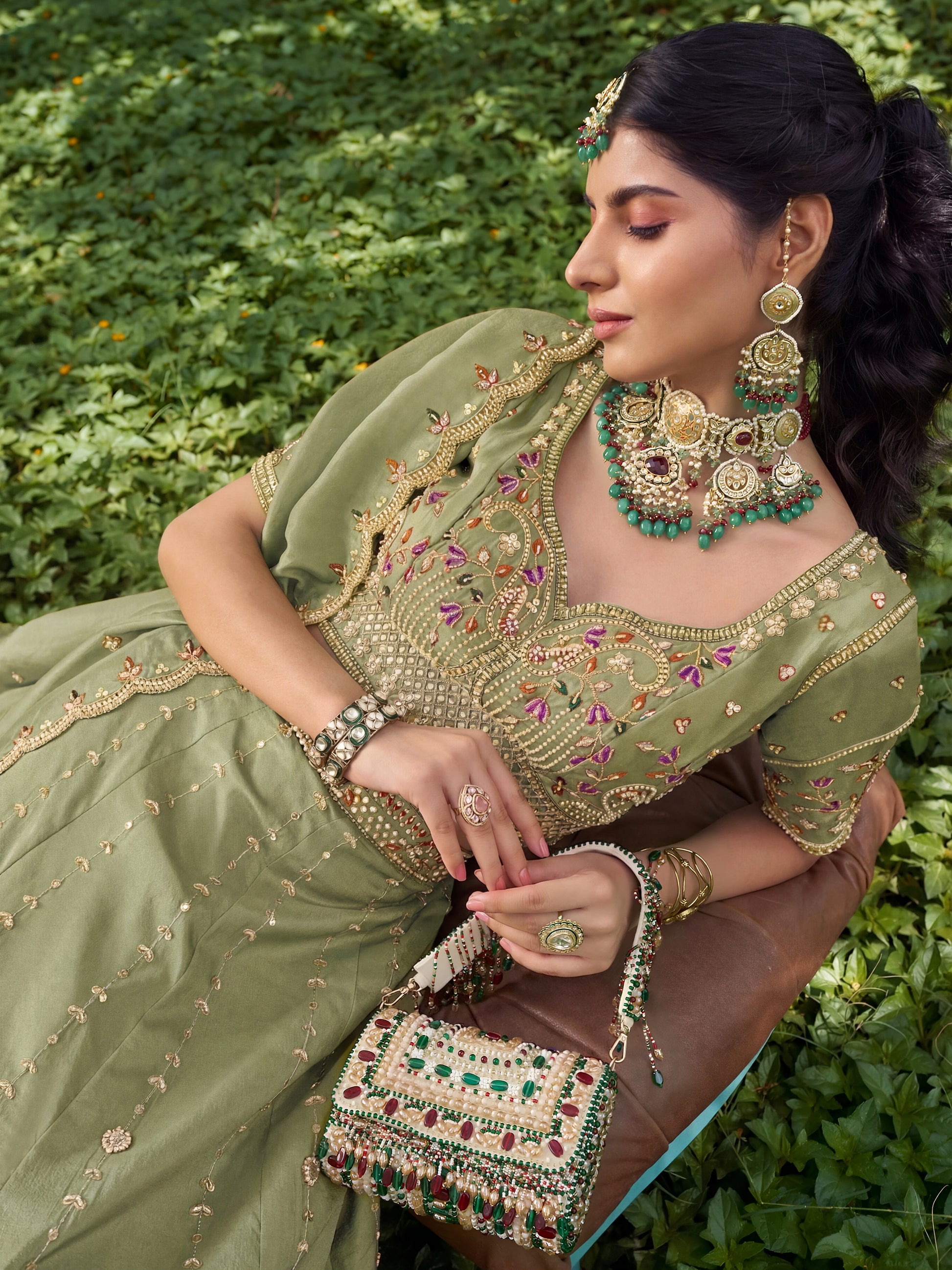 Rich Pista Green Beads Work Silk Engagement Wear Lehenga Choli