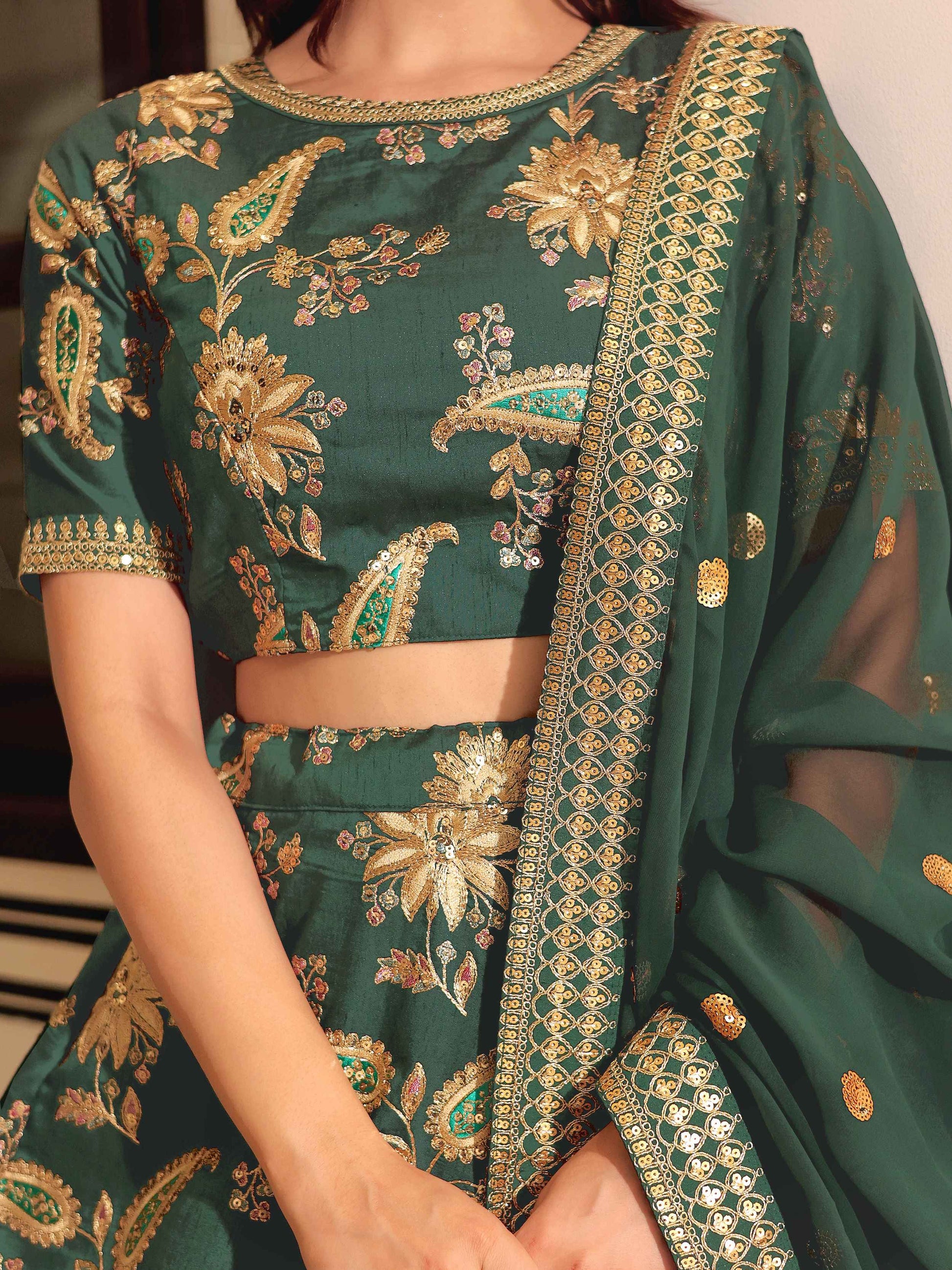 Charming Bottle Green Dori Work Art Silk Mehendi Wear Lehenga Choli With Dupatta