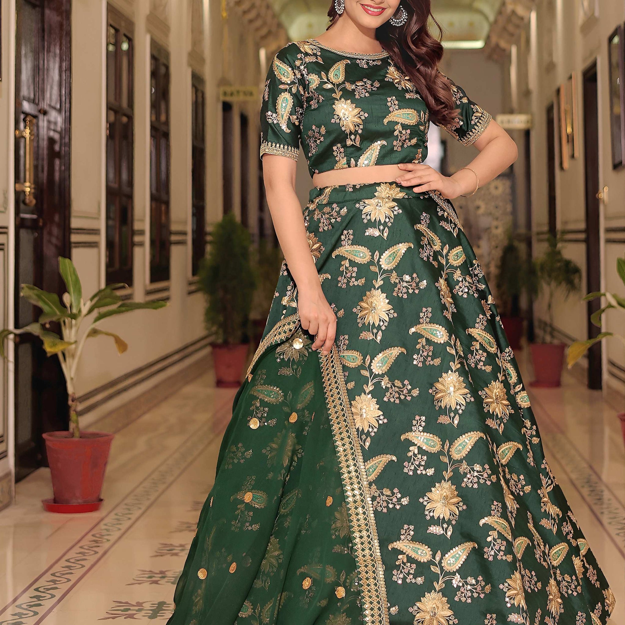 Charming Bottle Green Dori Work Art Silk Mehendi Wear Lehenga Choli With Dupatta