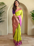 Enchanting Parrot Green Zari Weaving Silk Event Wear Saree With Blouse