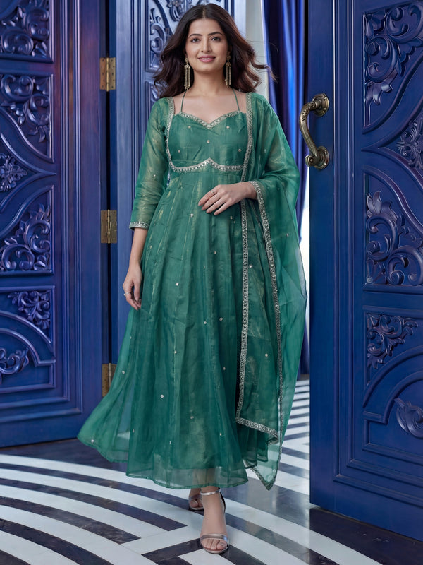 Fabulous Teal Green Embroidered Silk Mehendi Wear Anarkali Gown With Dupatta