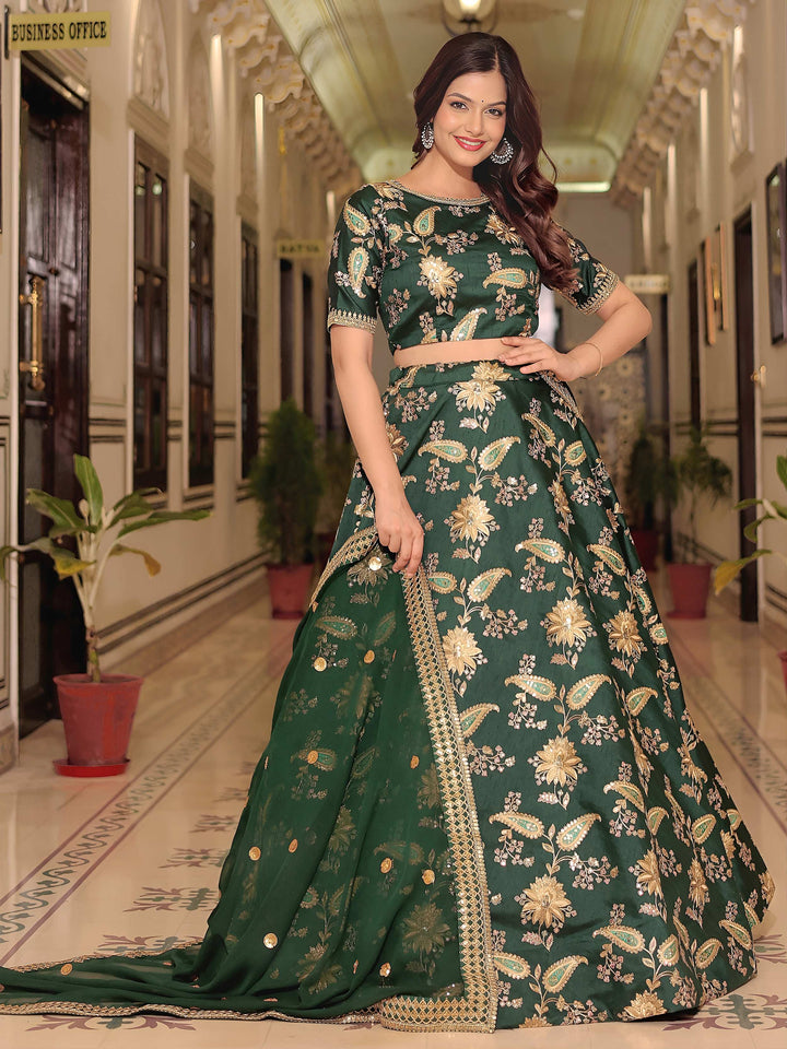 Charming Bottle Green Dori Work Art Silk Mehendi Wear Lehenga Choli With Dupatta
